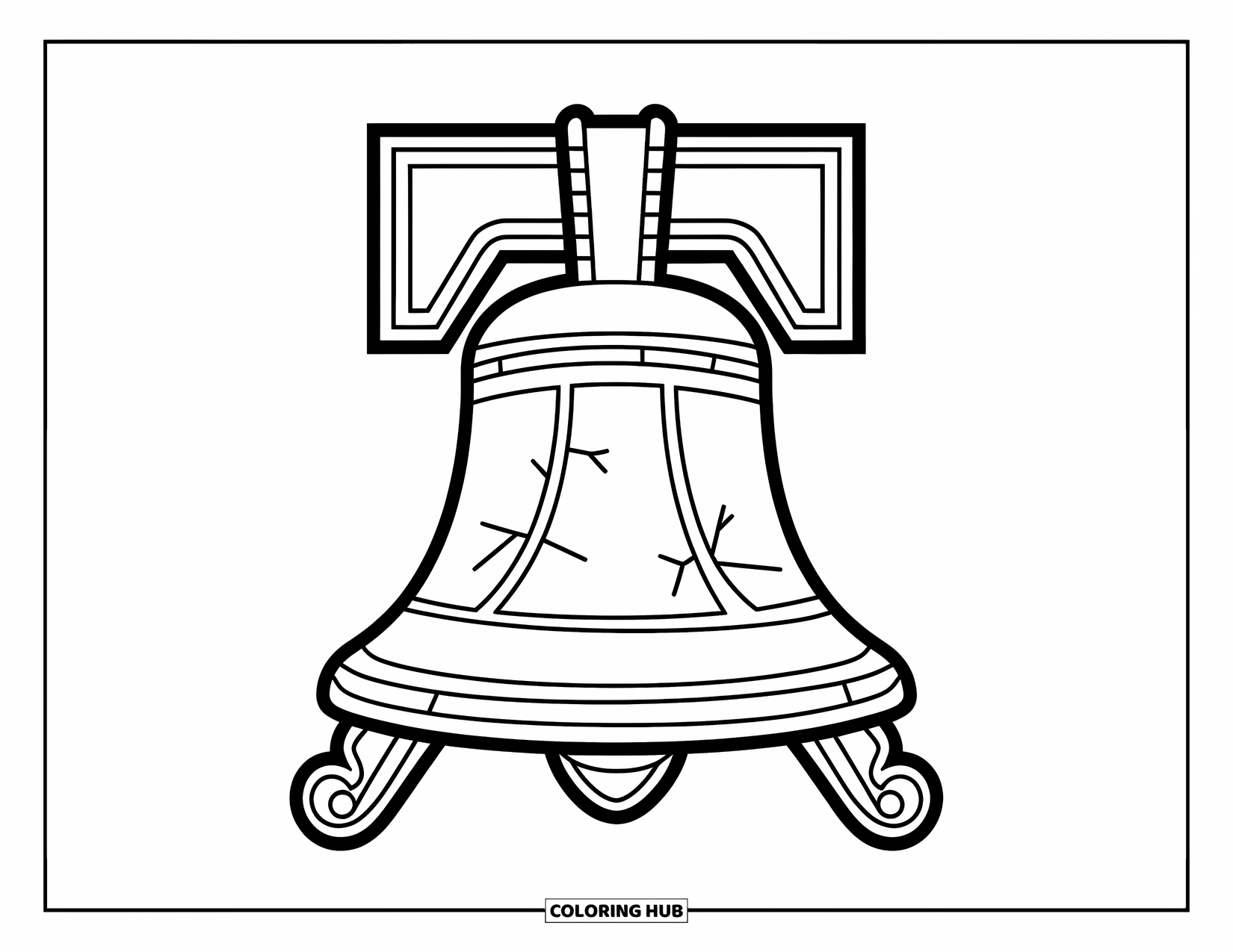 4Th Of July Coloring Page for Kids: The Liberty Bell rests on a wooden stand with smooth, simple lines
