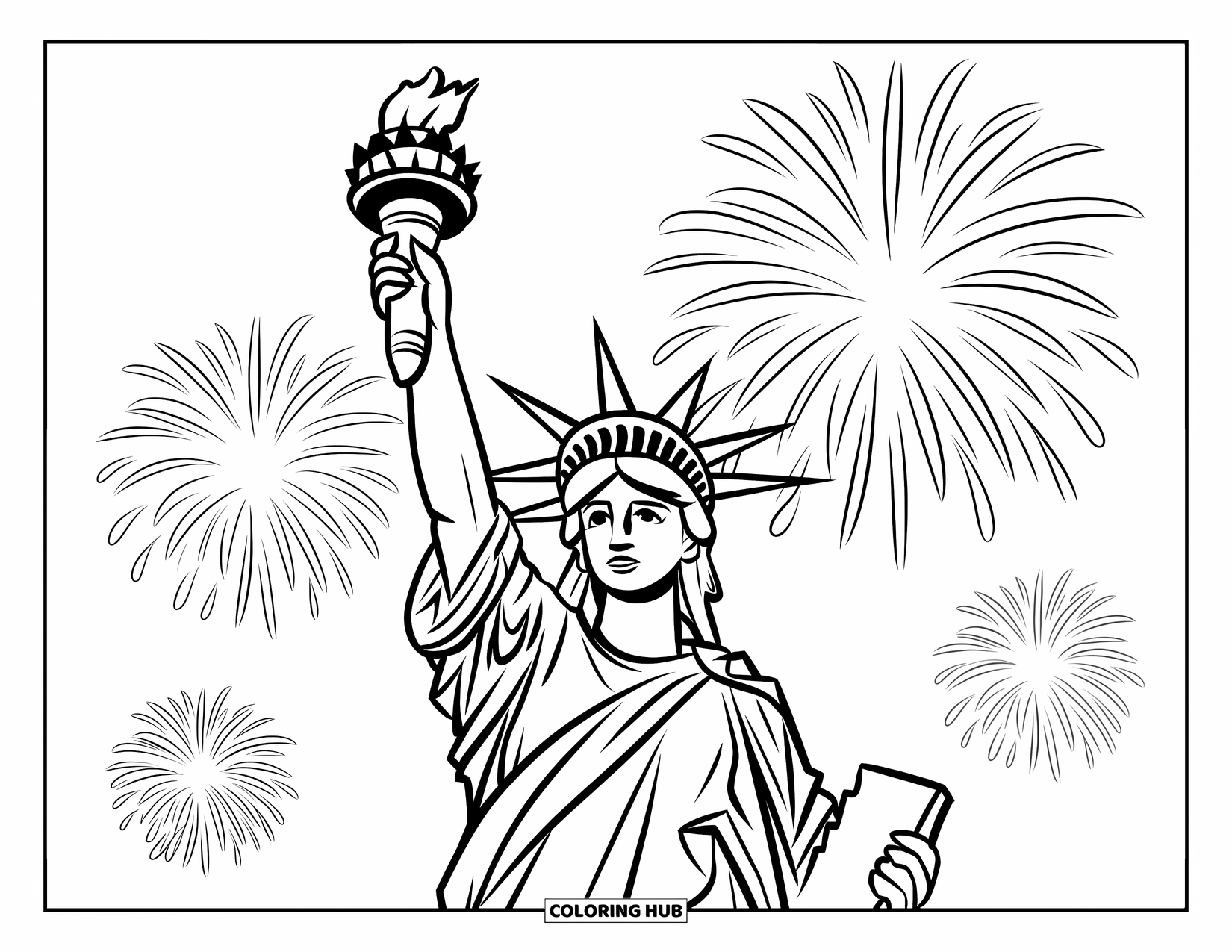 4Th Of July Coloring Page for Kids: The Statue of Liberty shines proudly as fireworks burst across the night sky