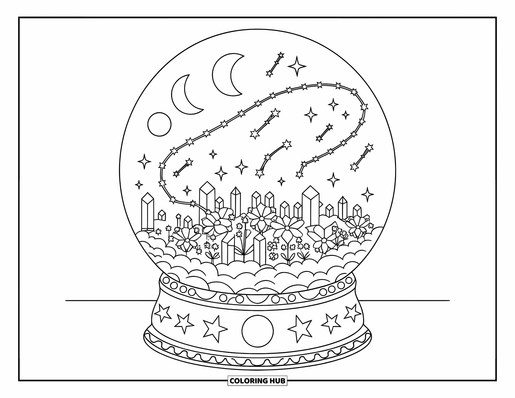 Aesthetic Trippy Coloring Page for Adults: A celestial snow globe glows with clouds, stars, and crystal petals