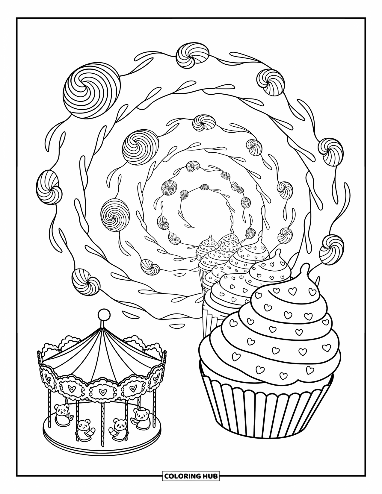 Aesthetic Trippy Coloring Page for Adults: A circular carnival spins with cupcake rides and cotton candy tents