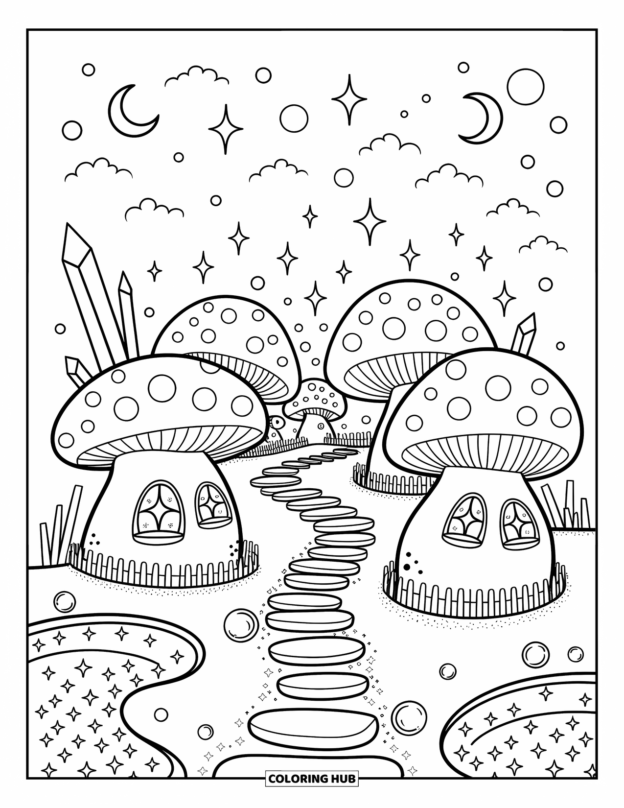 Aesthetic Trippy Coloring Page for Adults: A cozy mushroom town glows under crystals, bubbles, and crescent moons