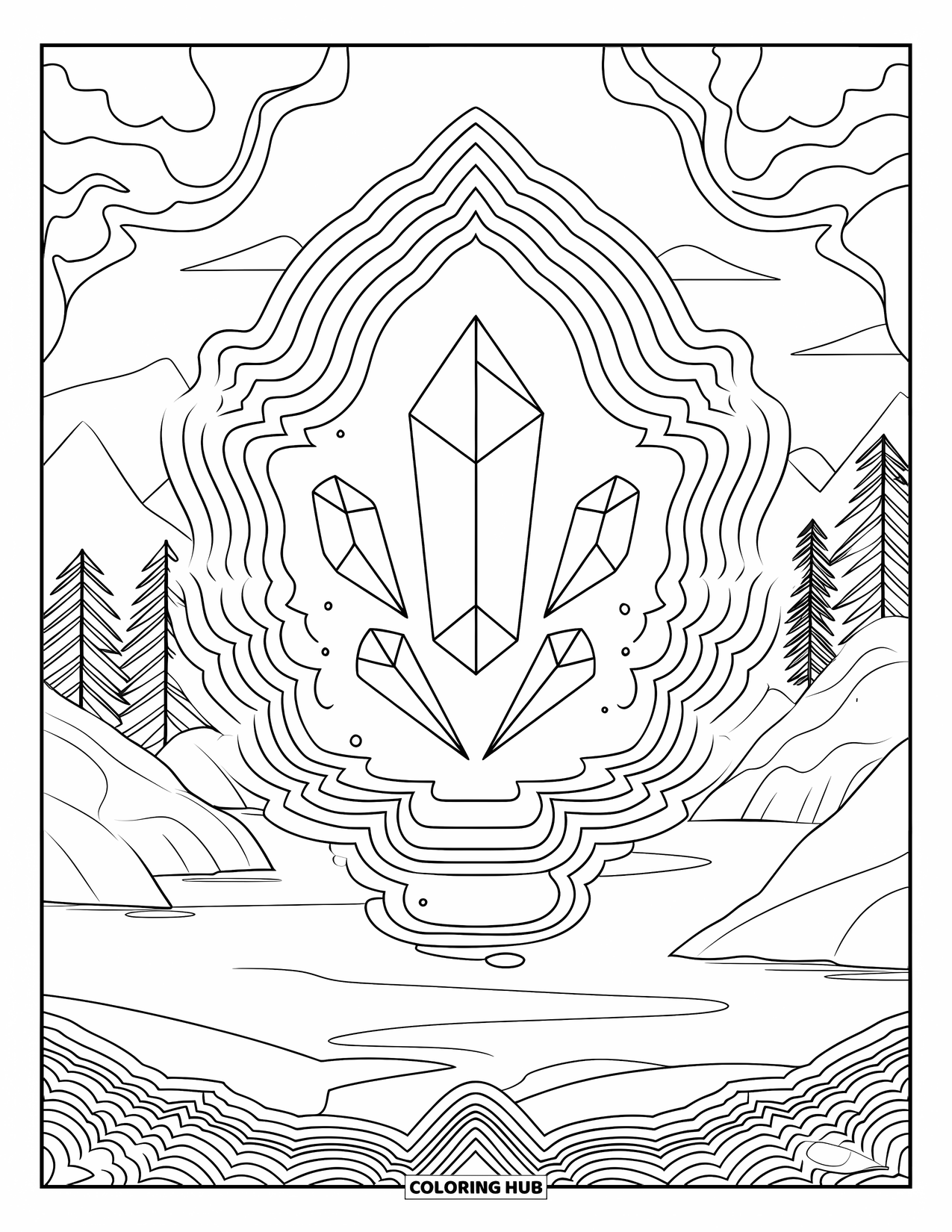 Aesthetic Trippy Coloring Page for Adults: A crystal floats within layered curves of trippy botanicals