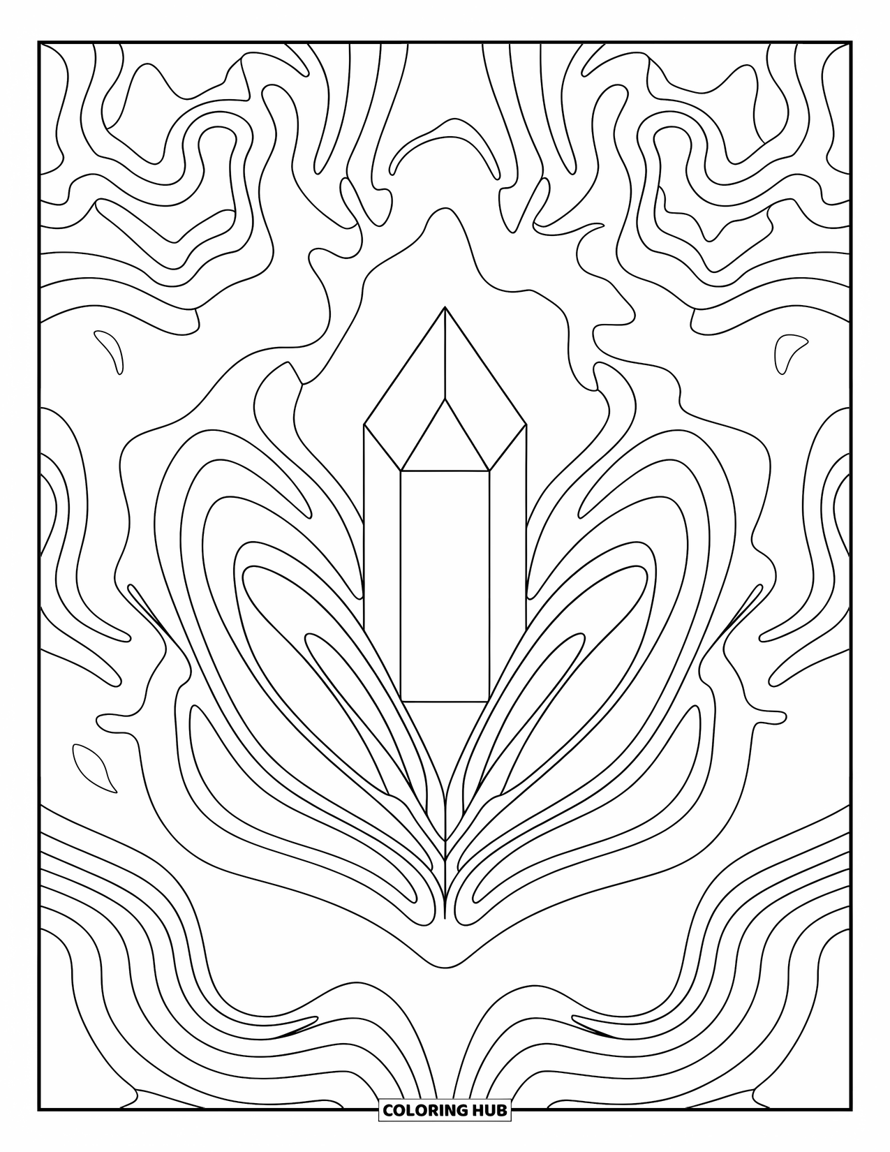 Aesthetic Trippy Coloring Page for Adults: A crystal hovers amid swirling botanical lines and vines