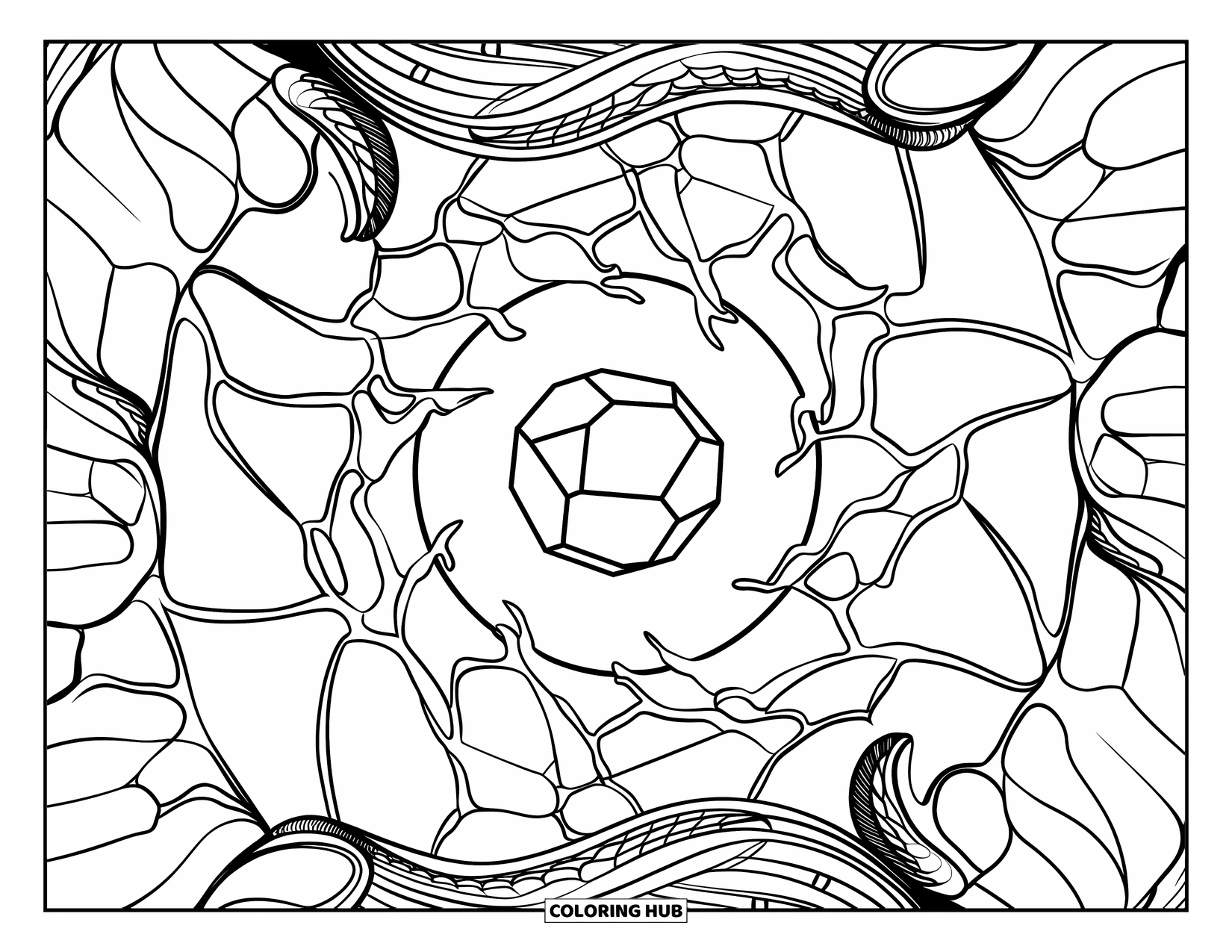 Aesthetic Trippy Coloring Page for Adults: A crystal orb hovers in a trippy sky of branching spirals