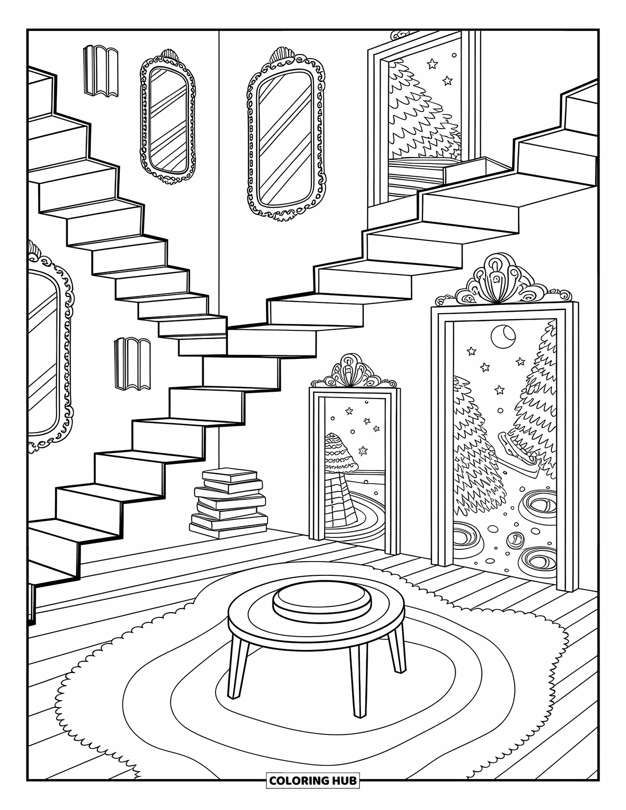 Aesthetic Trippy Coloring Page for Adults: A dreamy room where stairways float and lead to fantasy worlds
