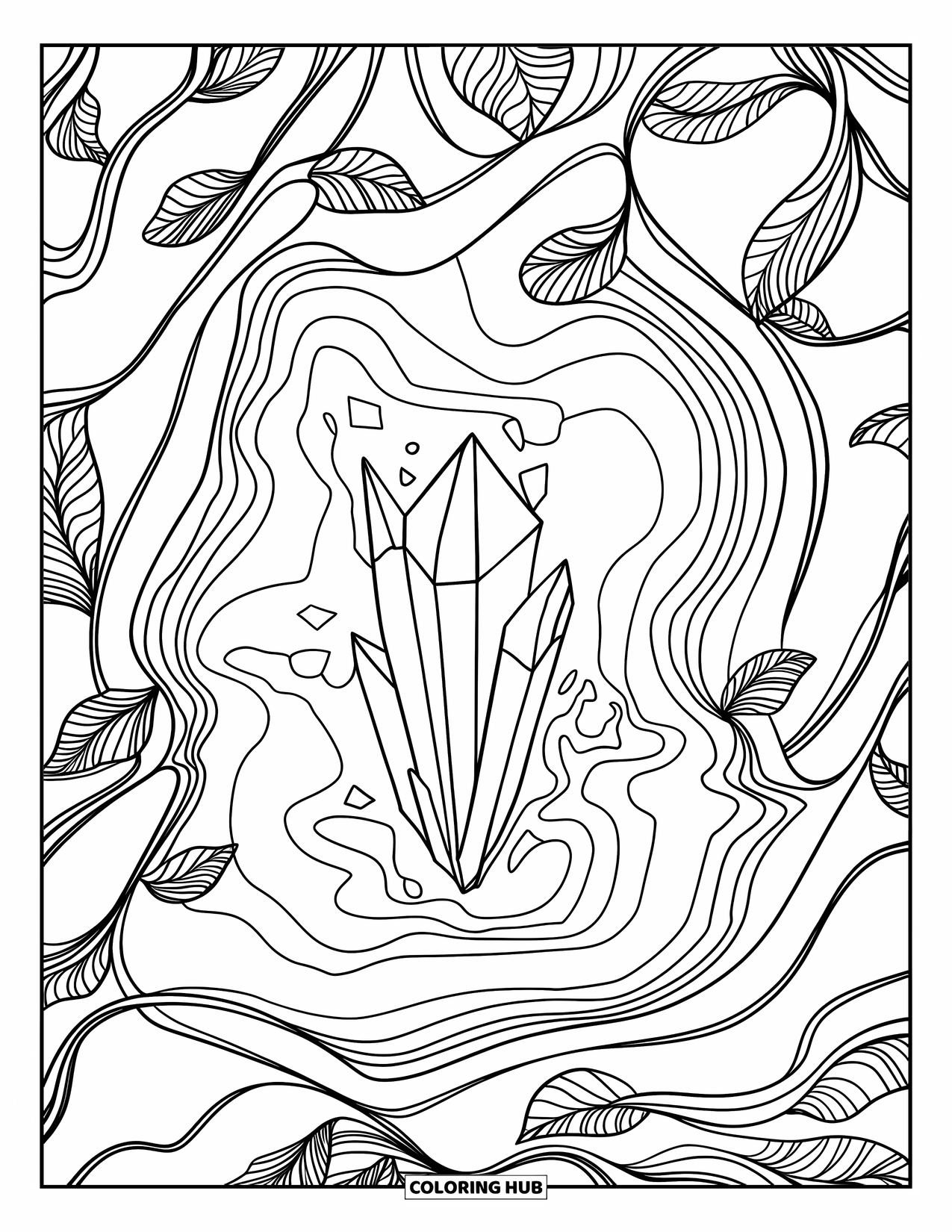 Aesthetic Trippy Coloring Page for Adults: A floating crystal surrounded by twisting leaves and curves