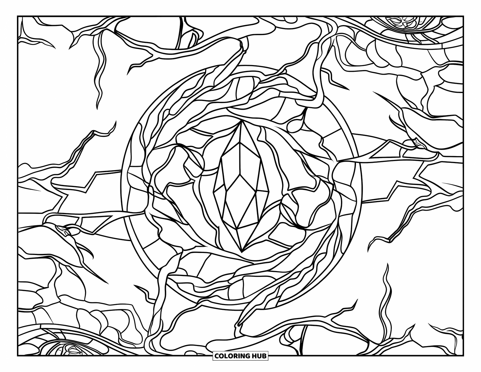 Aesthetic Trippy Coloring Page for Adults: A glowing crystal floats among swirling, stained-glass branches