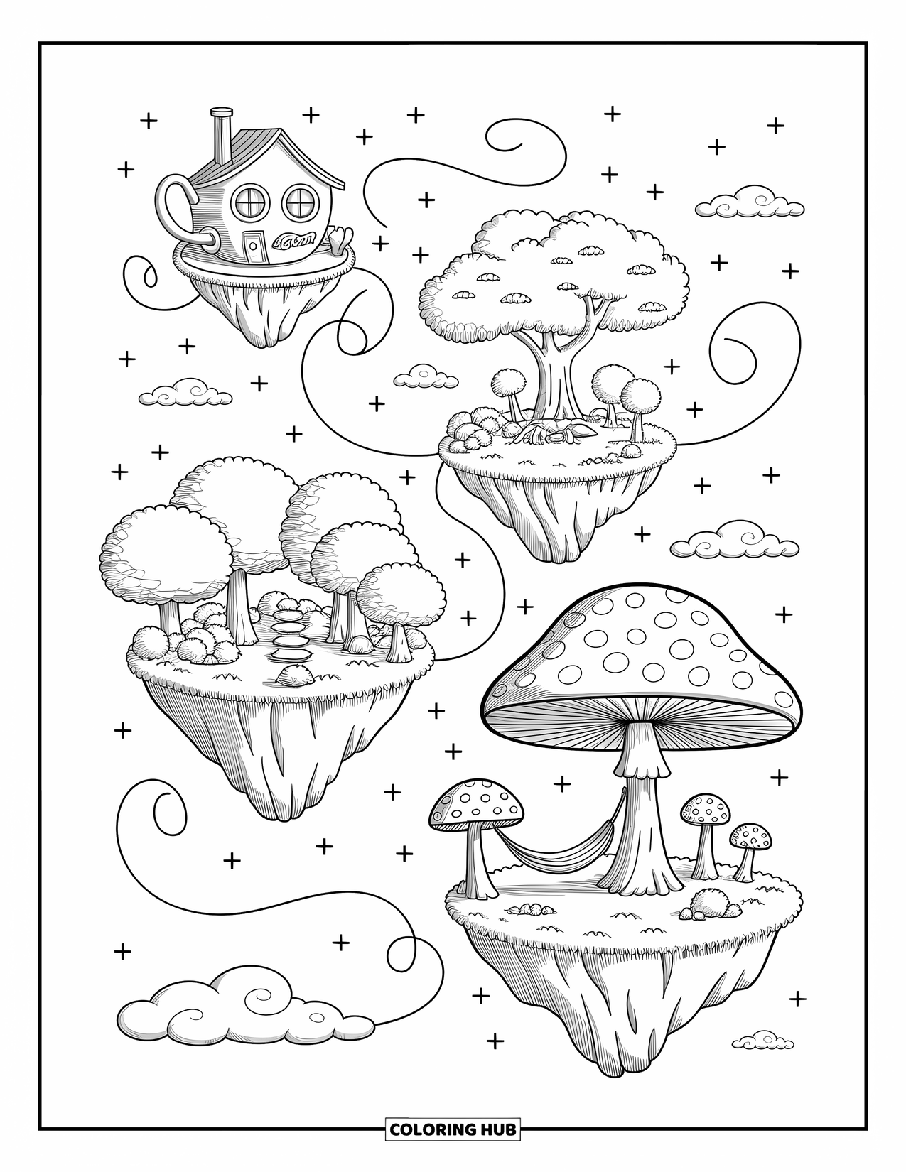 Aesthetic Trippy Coloring Page for Adults: A group of floating islands connected by trails of stars