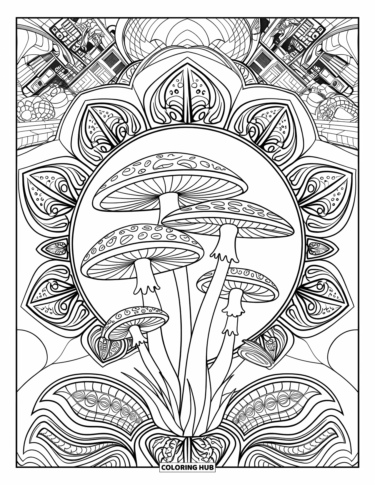 Aesthetic Trippy Coloring Page for Adults: A group of trippy mushrooms surrounded by stained-glass vines