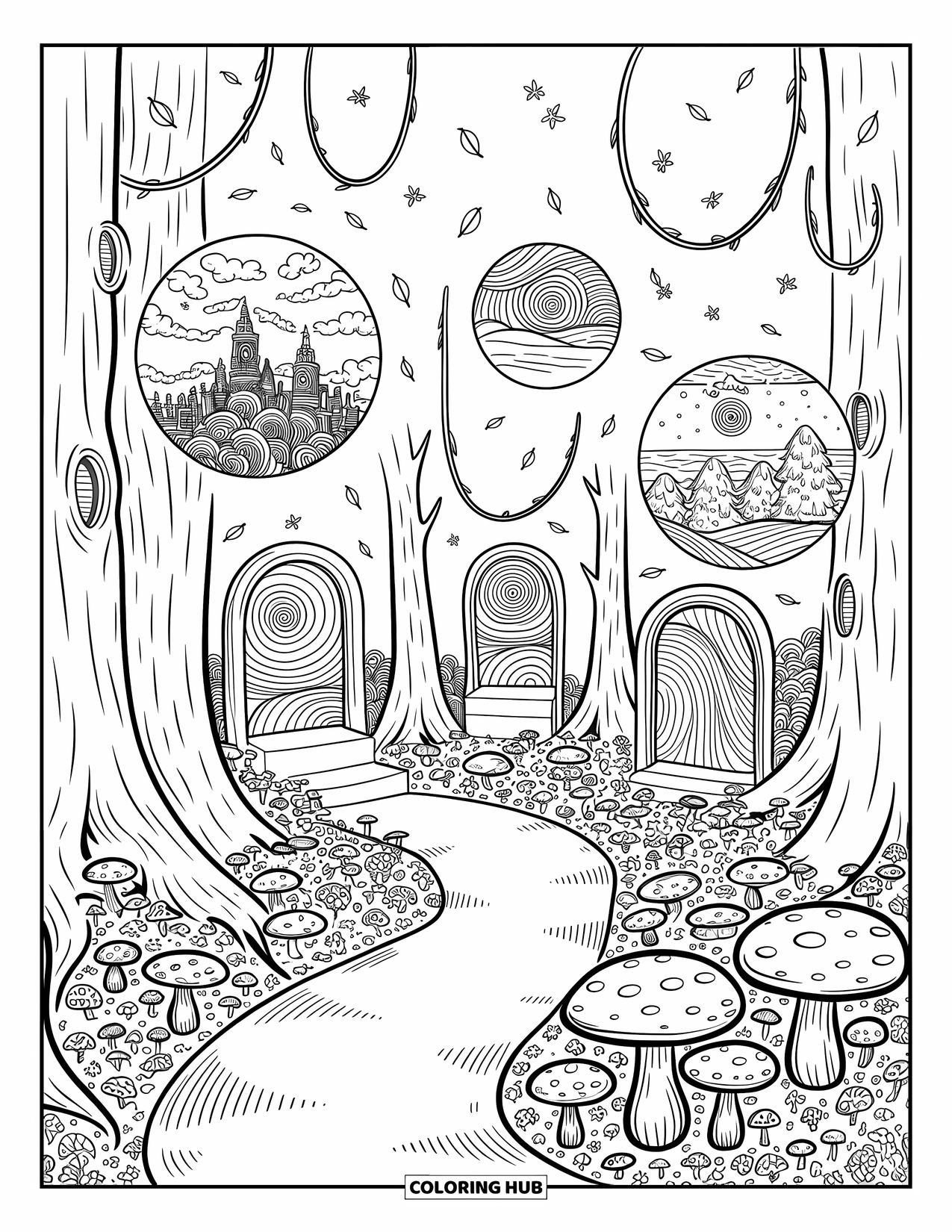 Aesthetic Trippy Coloring Page for Adults: A magical forest where portals show cloud cities and starlit beaches