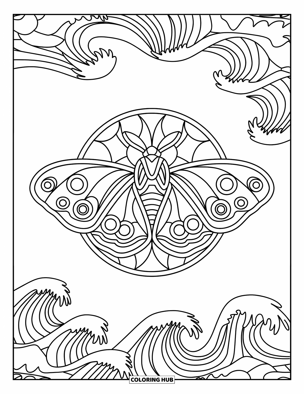 Aesthetic Trippy Coloring Page for Adults: A moth rests within stained-glass waves and swirling panels