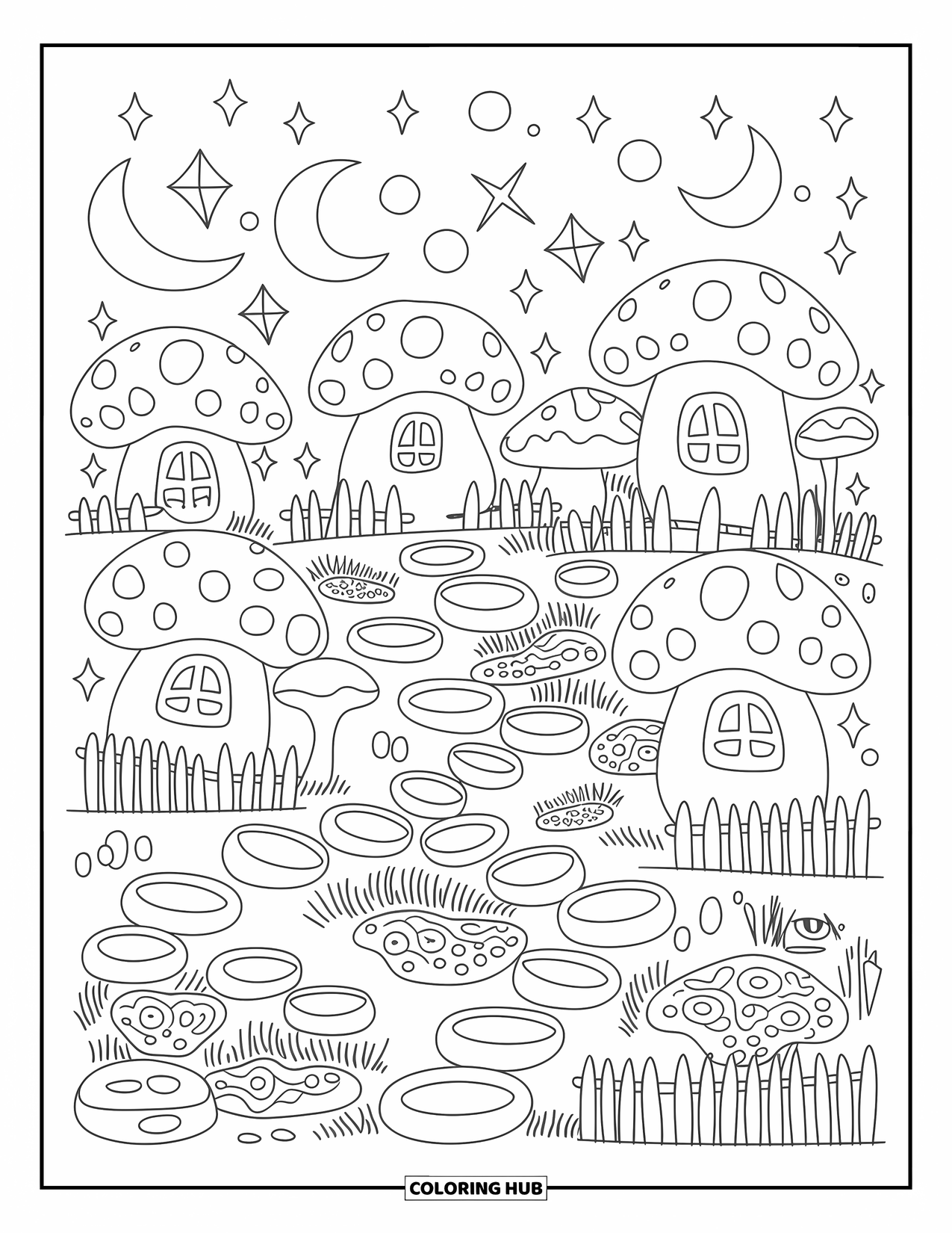 Aesthetic Trippy Coloring Page for Adults: A mushroom village rests beneath floating moons and bouncing bubbles