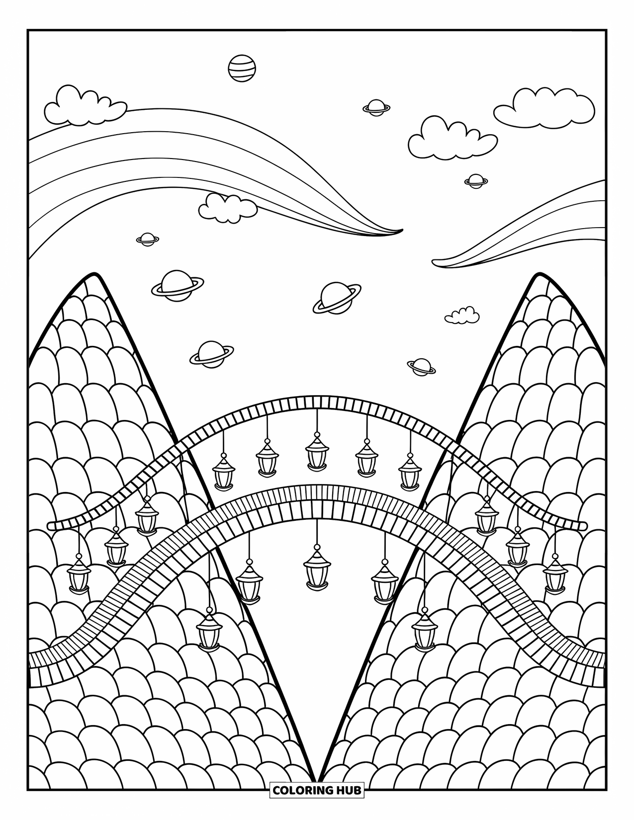Aesthetic Trippy Coloring Page for Adults: A star-shaped bridge connects two soft, puffy mountain peaks