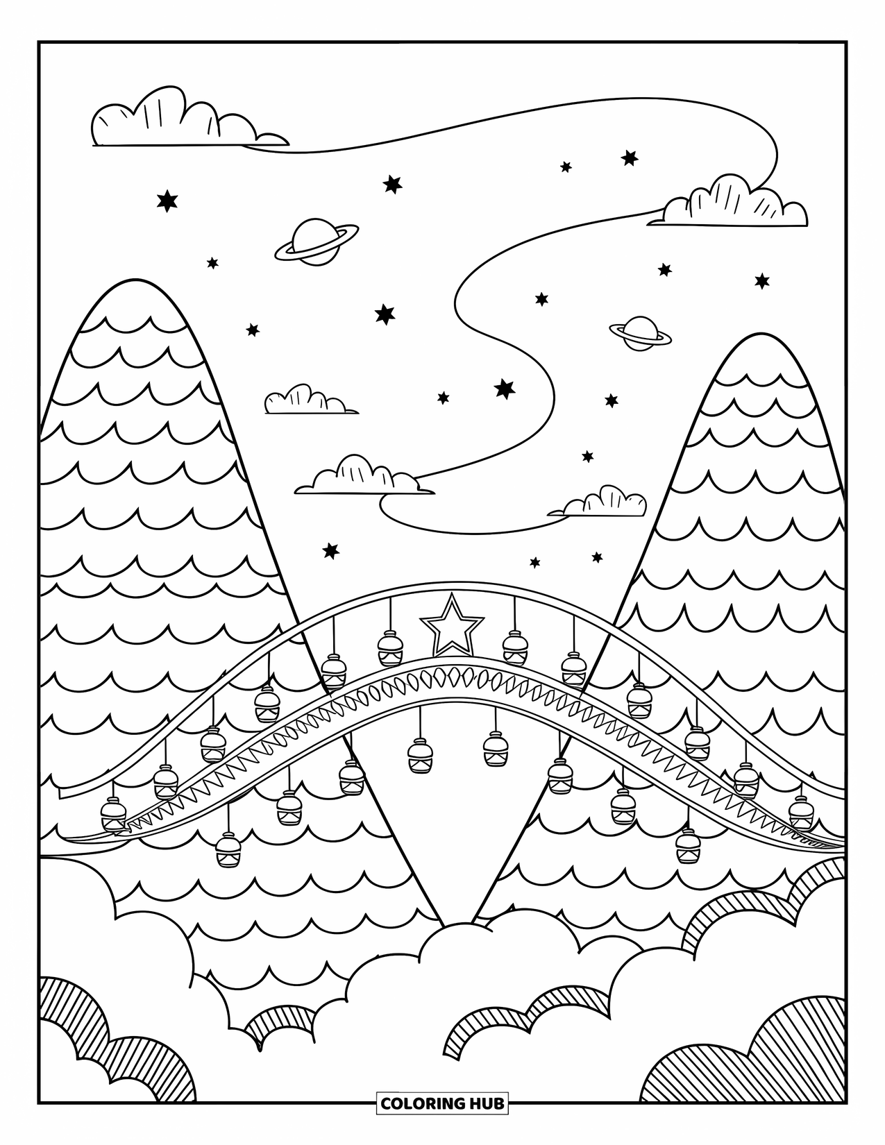 Aesthetic Trippy Coloring Page for Adults: A starry bridge lined with lanterns drifts above gentle mountaintops