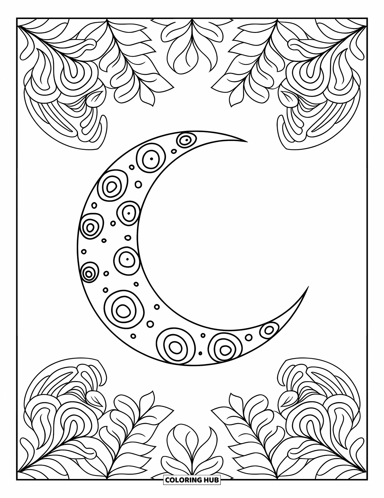 Aesthetic Trippy Coloring Page for Adults: A trippy crescent moon framed by floral mandala patterns