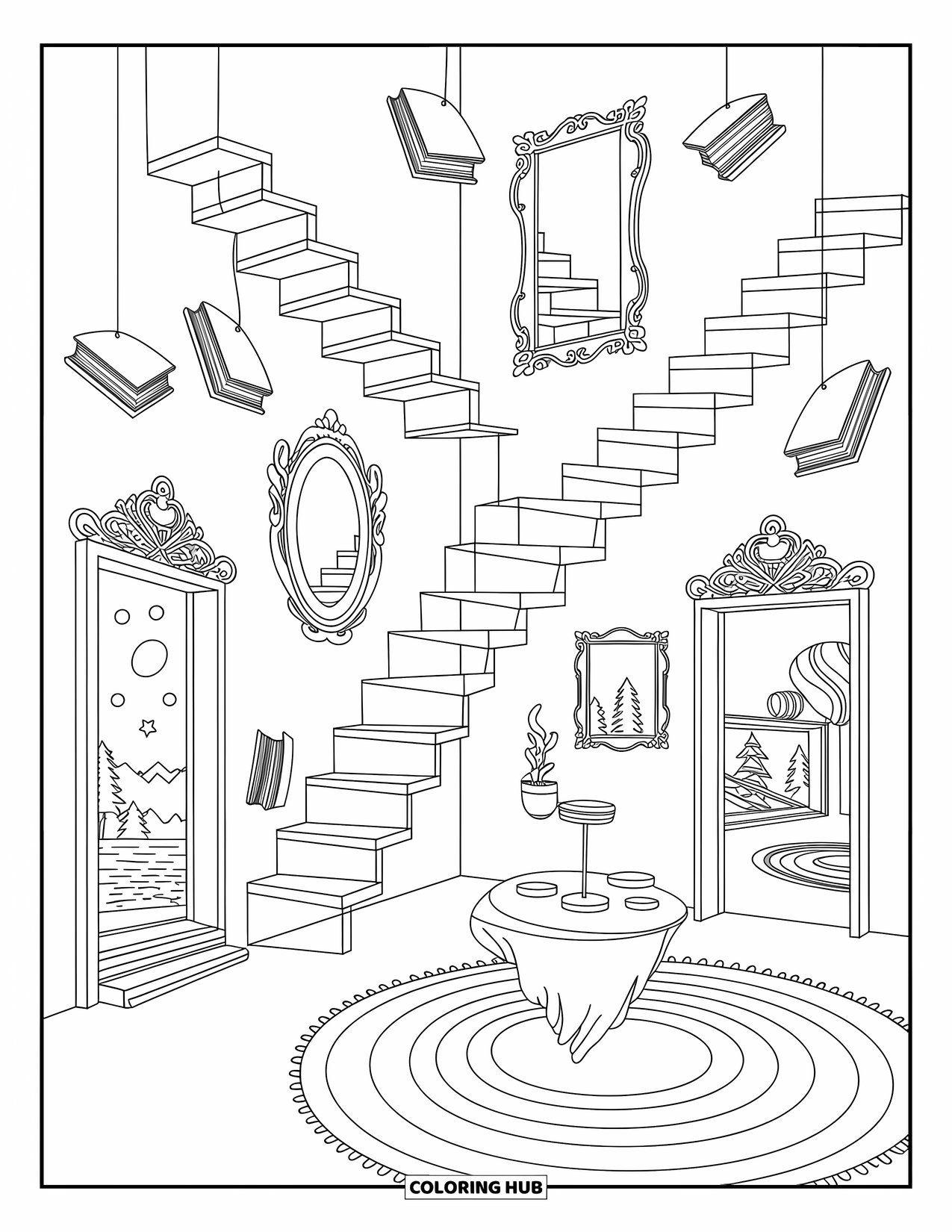 Aesthetic Trippy Coloring Page for Adults: A whimsical room of floating stairs, mirrors, and drifting books