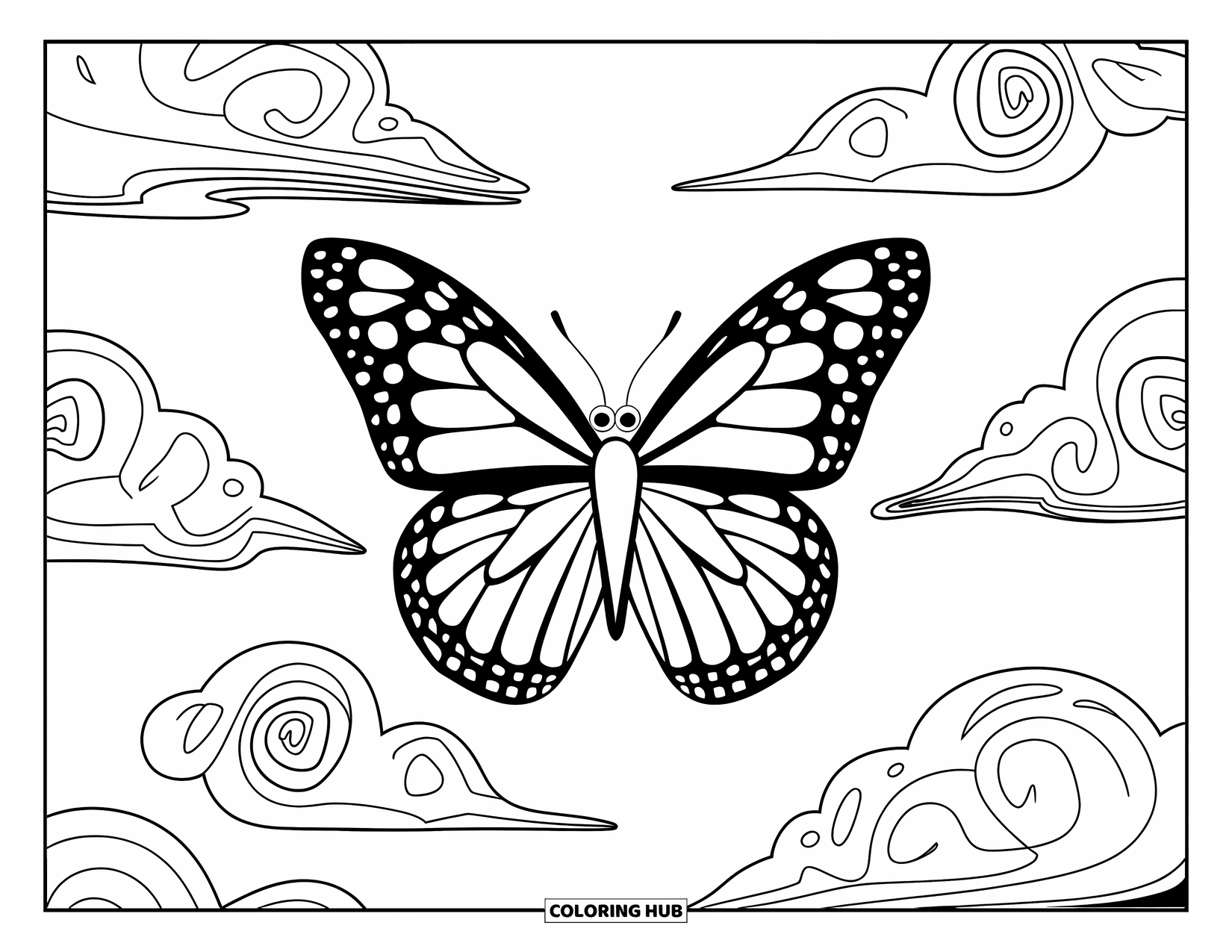Aesthetic Trippy Coloring Page for Kids: A big butterfly flutters among curved cloud spirals