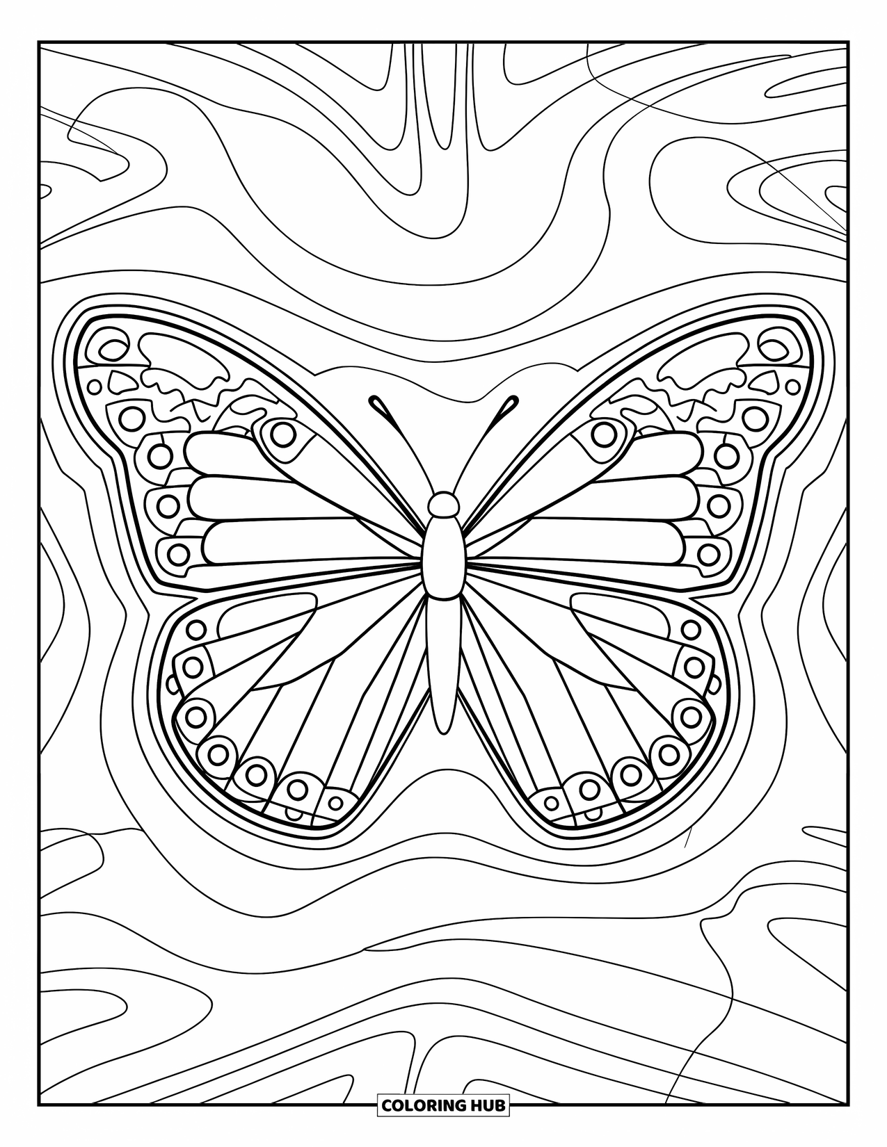 Aesthetic Trippy Coloring Page for Kids: A butterfly with mirrored wings flutters through swirling lines
