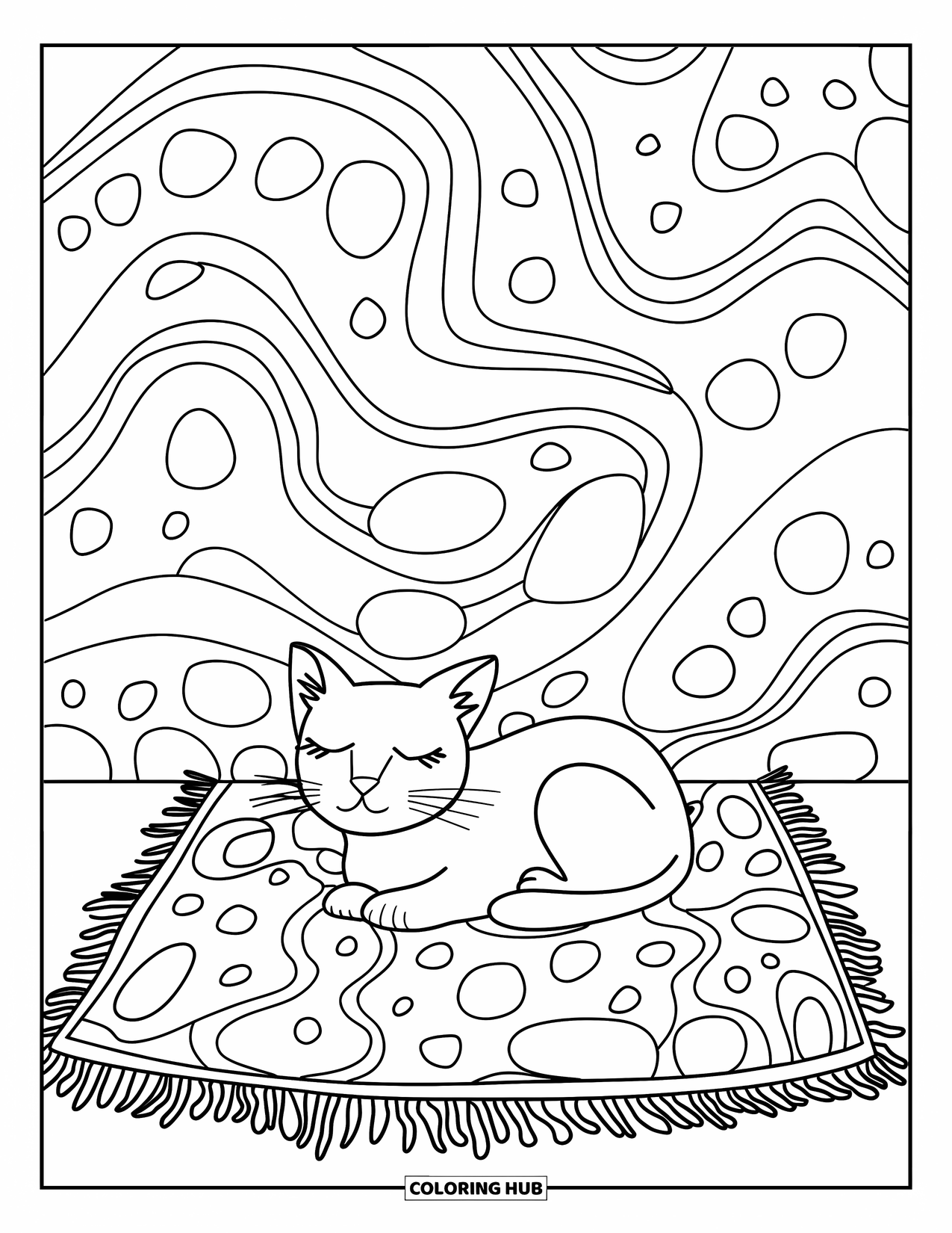 Aesthetic Trippy Coloring Page for Kids: A cat curls up on a trippy rug with swirling bubbles