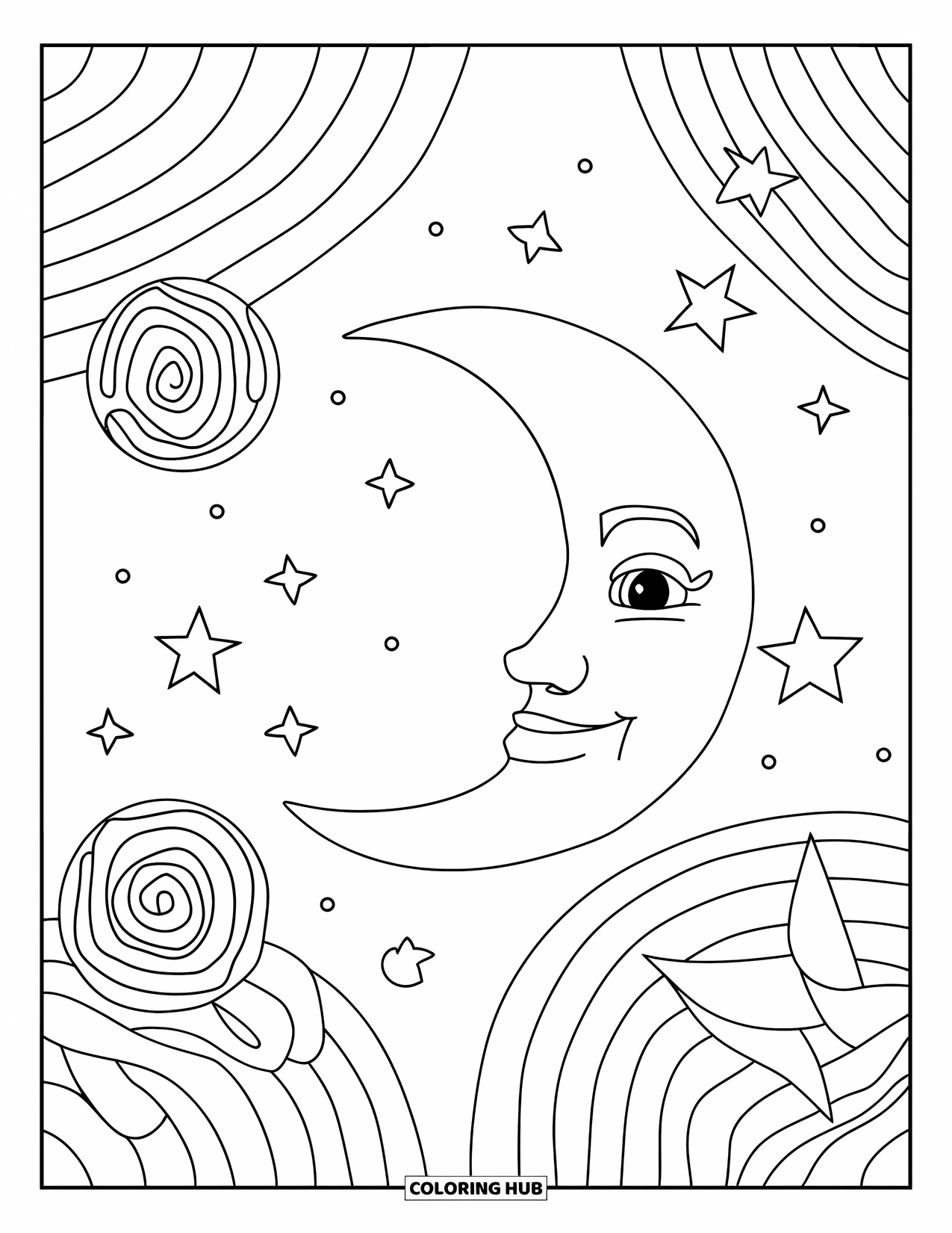 Aesthetic Trippy Coloring Page for Kids: A cheerful moon floats amid circles and spiral stars
