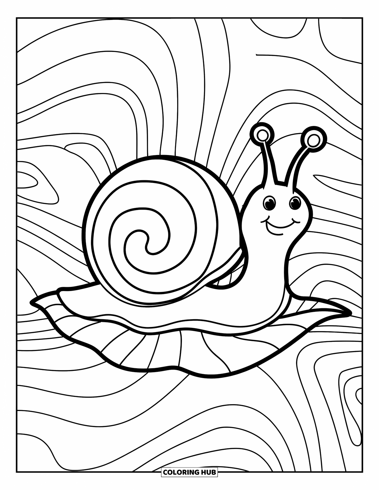 Aesthetic Trippy Coloring Page for Kids: A cheerful snail rests on a leaf with swirling patterns
