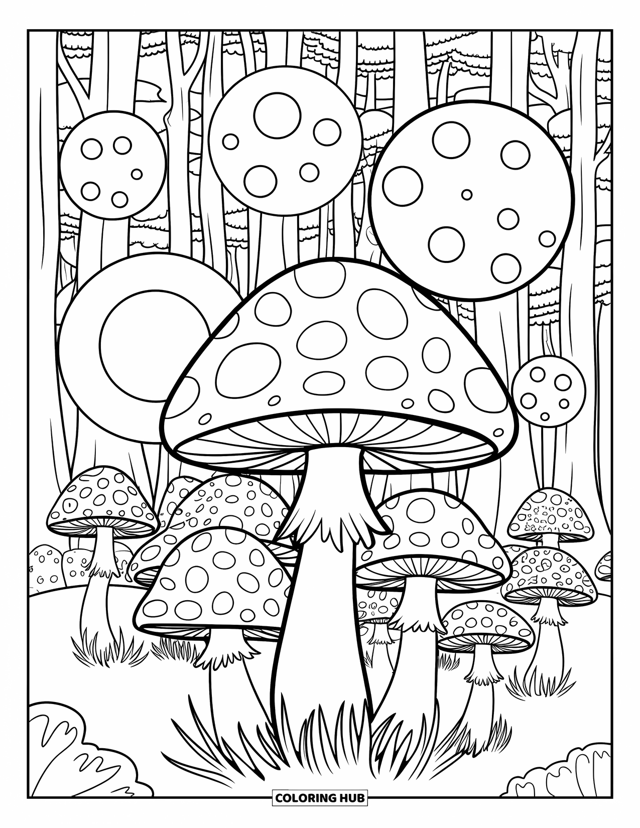 Aesthetic Trippy Coloring Page for Kids: A cluster of mushrooms beneath swirling bubbles and tall trees
