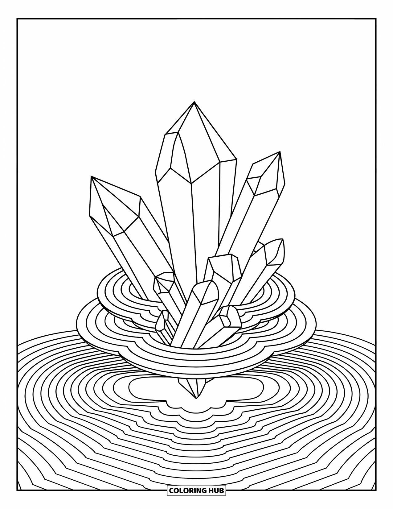 Aesthetic Trippy Coloring Page for Kids: A crystal cluster hovers above layered spirals and waves