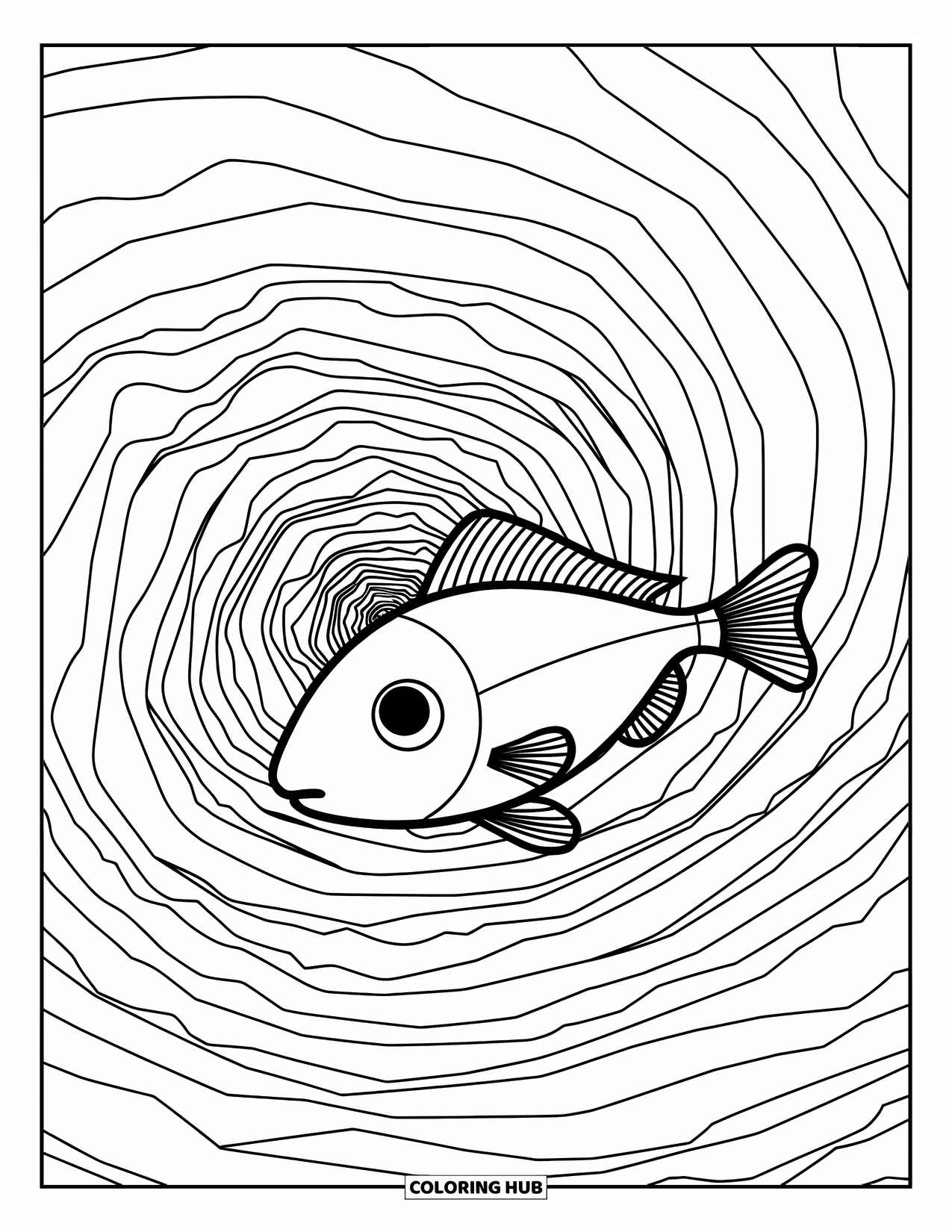 Aesthetic Trippy Coloring Page for Kids: A fish swims through flowing tunnels made of curved spirals