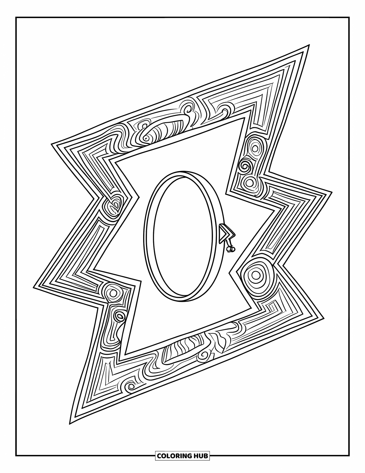 Aesthetic Trippy Coloring Page for Kids: A floating portal with spiral edges drifts among stars