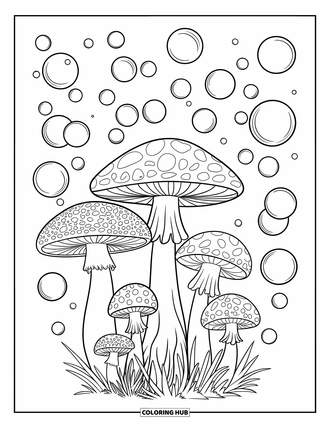 Aesthetic Trippy Coloring Page for Kids: A forest of mushrooms with patterned caps and floating bubbles