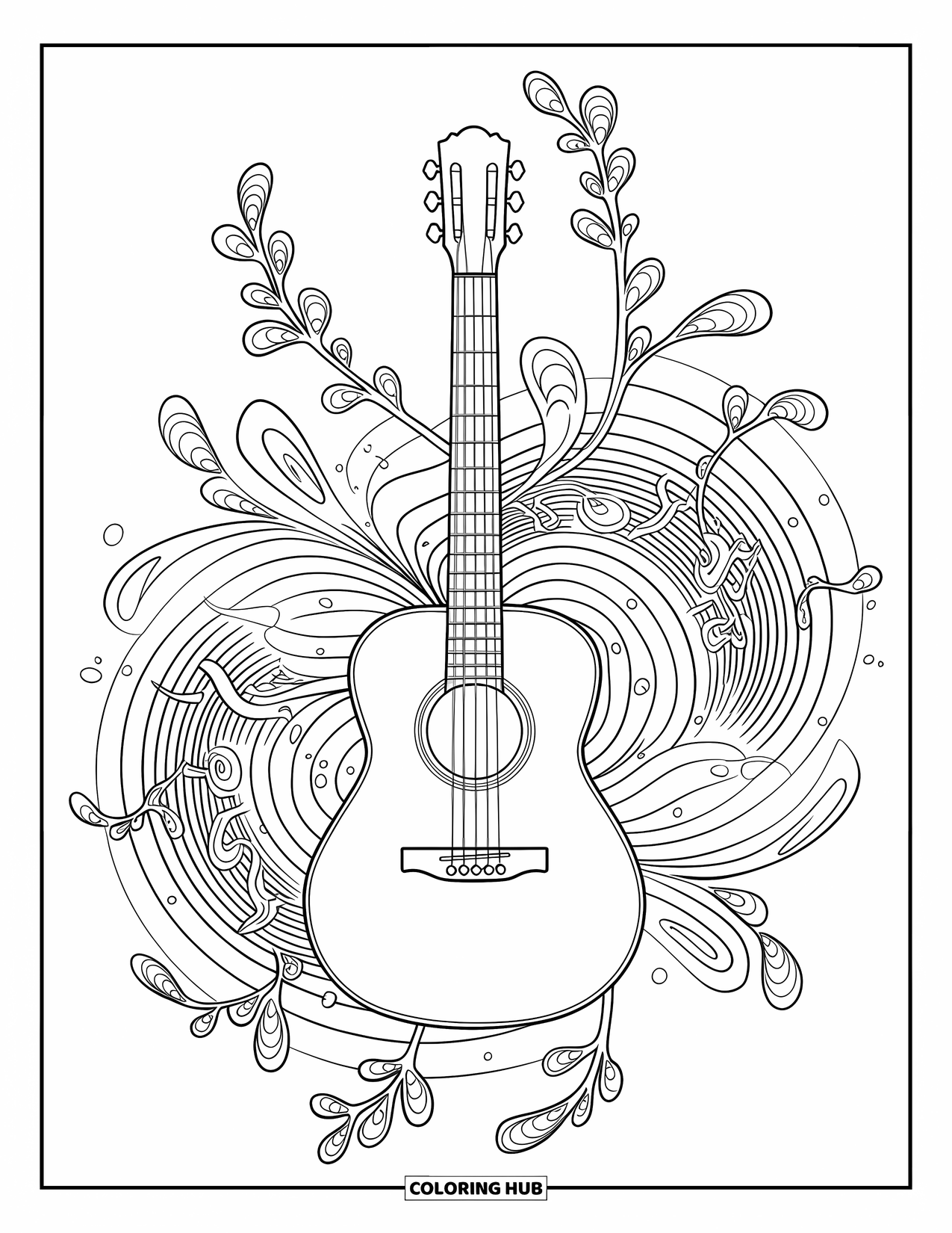 Aesthetic Trippy Coloring Page for Kids: A guitar surrounded by spiraling sound waves and twisting vines