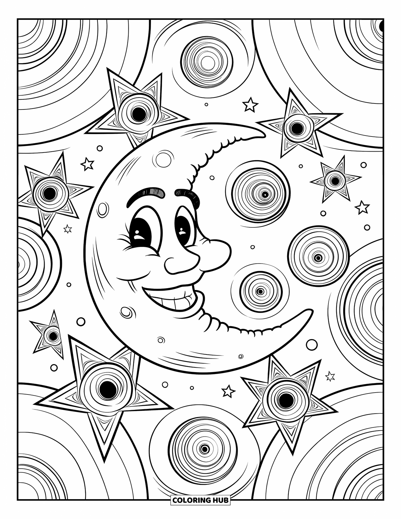 Aesthetic Trippy Coloring Page for Kids: A happy moon grins through circles and swirling stars