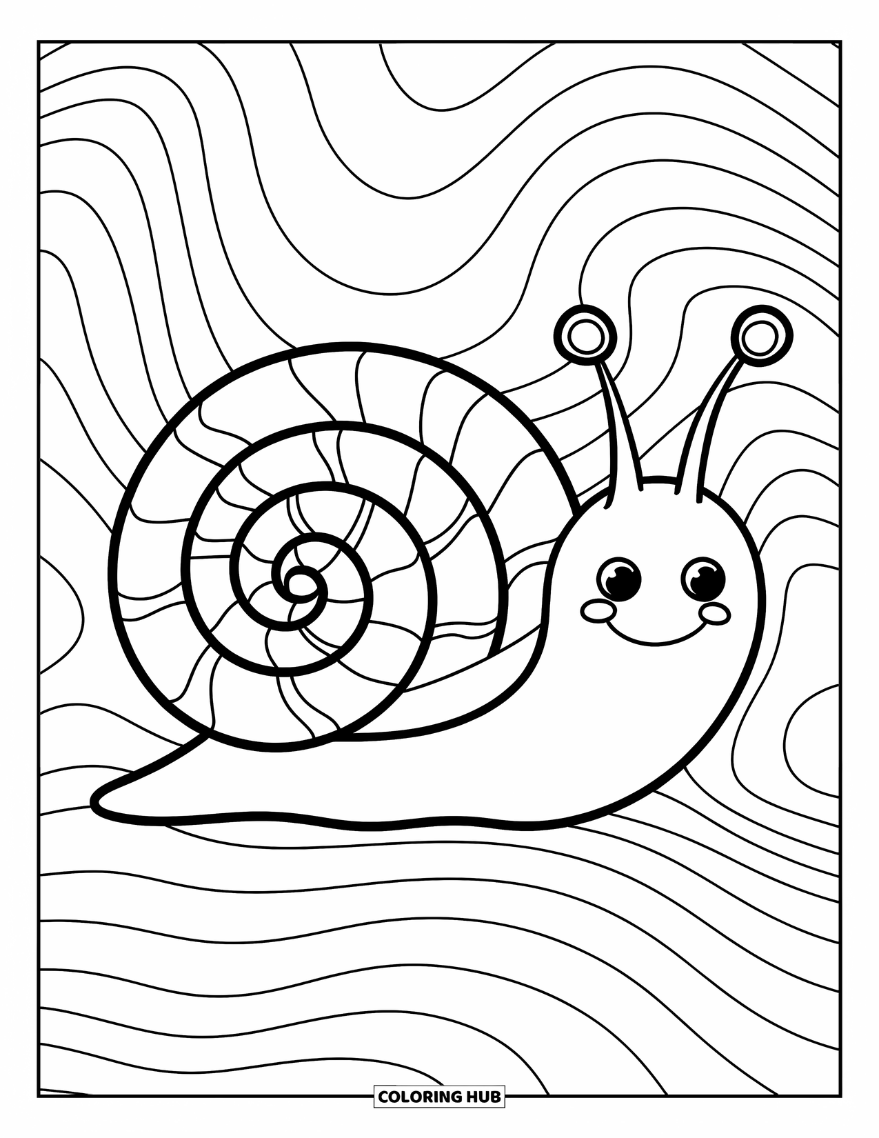 Aesthetic Trippy Coloring Page for Kids: A happy snail with a bold spiral shell among trippy swirls