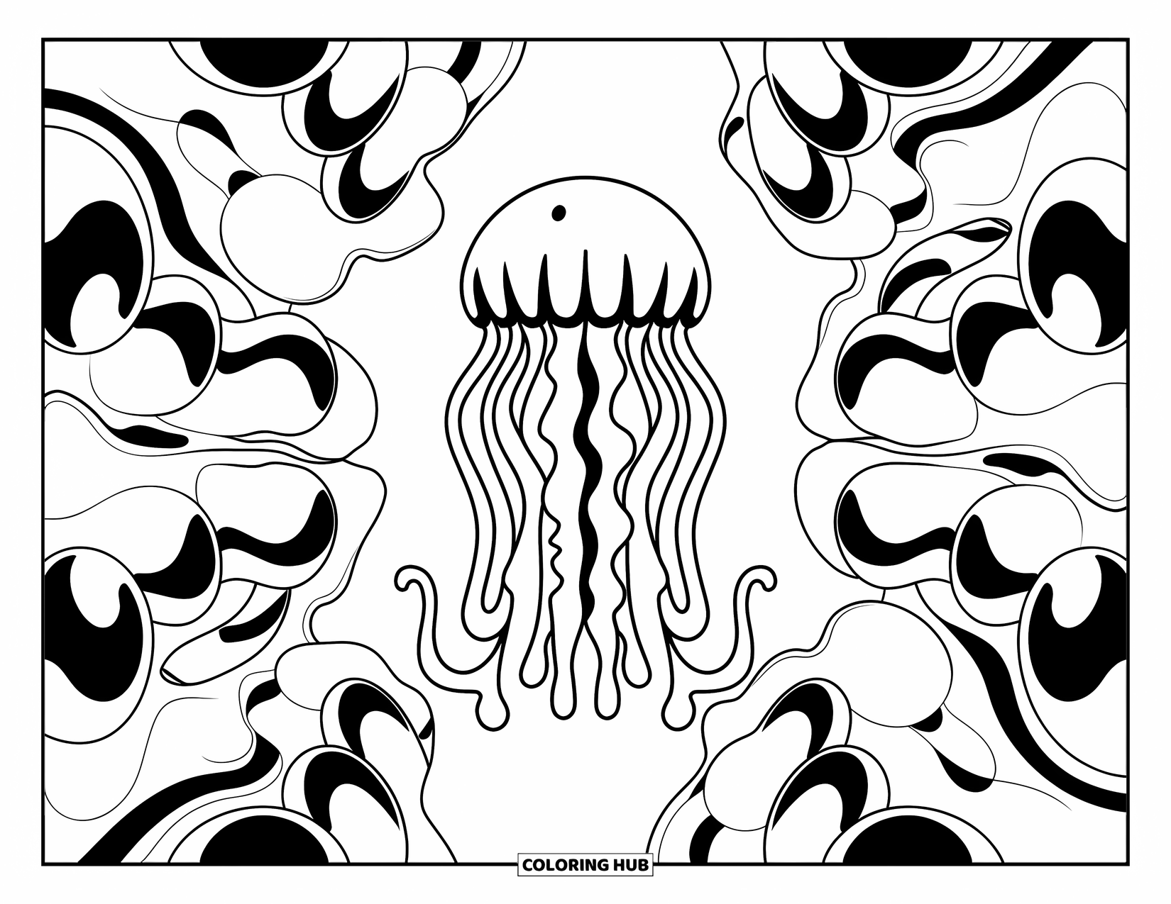 Aesthetic Trippy Coloring Page for Kids: A jellyfish drifts through swirling mirrored bubbles and shapes