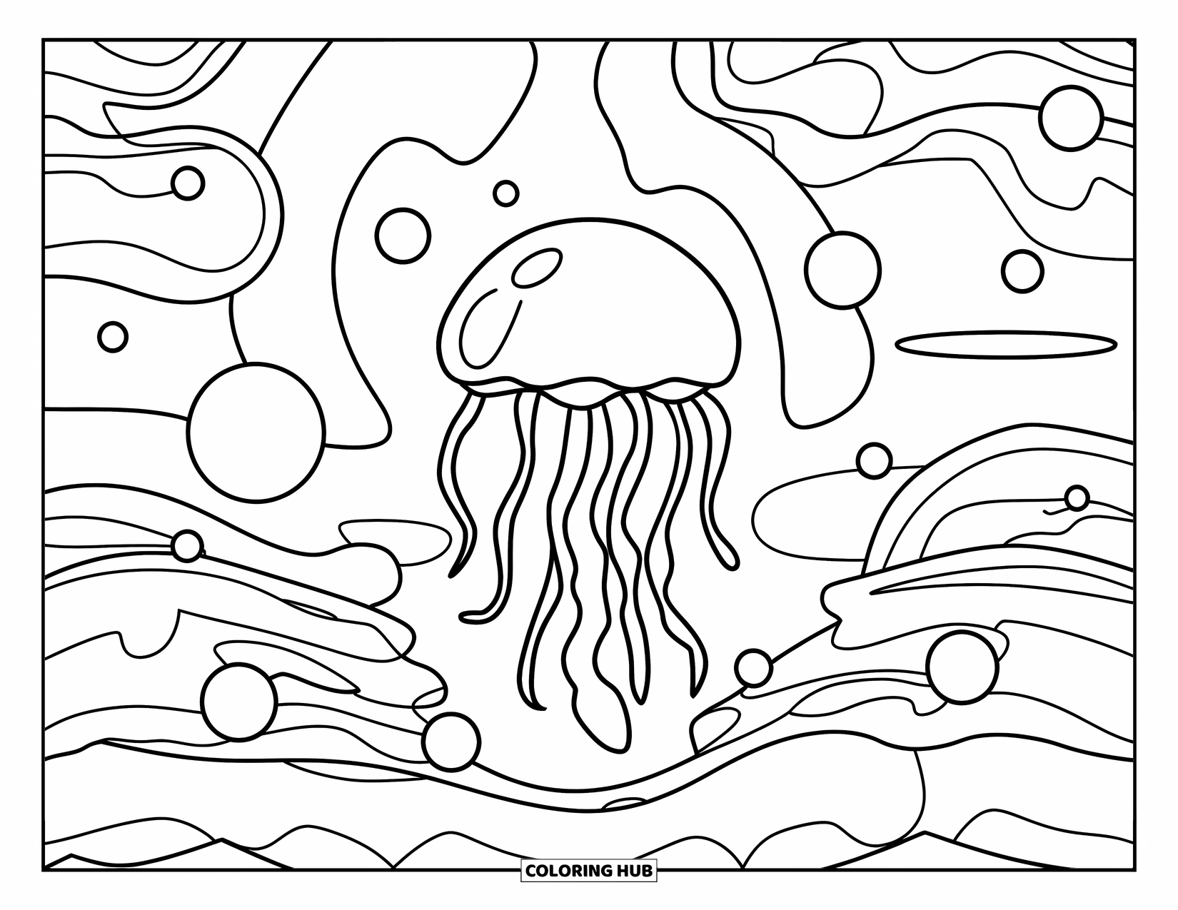 Aesthetic Trippy Coloring Page for Kids: A jellyfish floats happily through bubbly swirling patterns