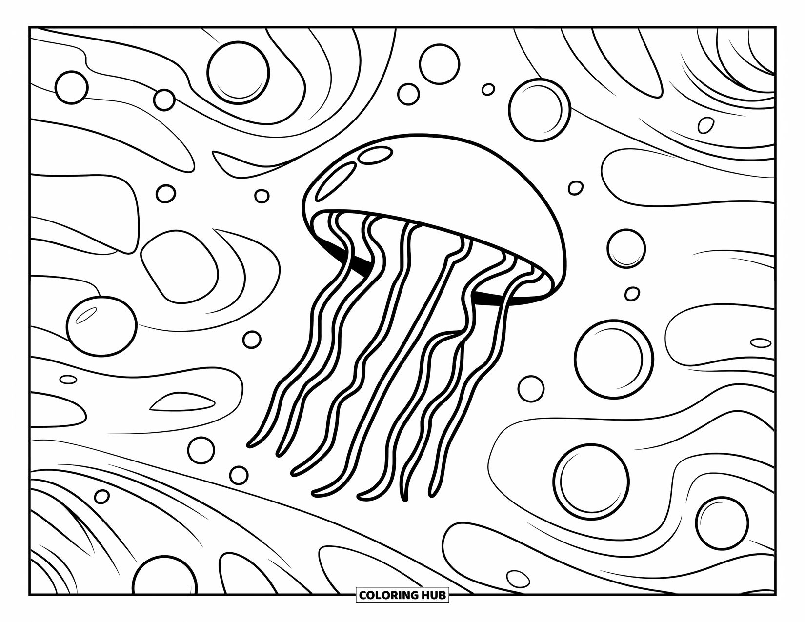 Aesthetic Trippy Coloring Page for Kids: A jellyfish floats in bubbly swirling ocean currents
