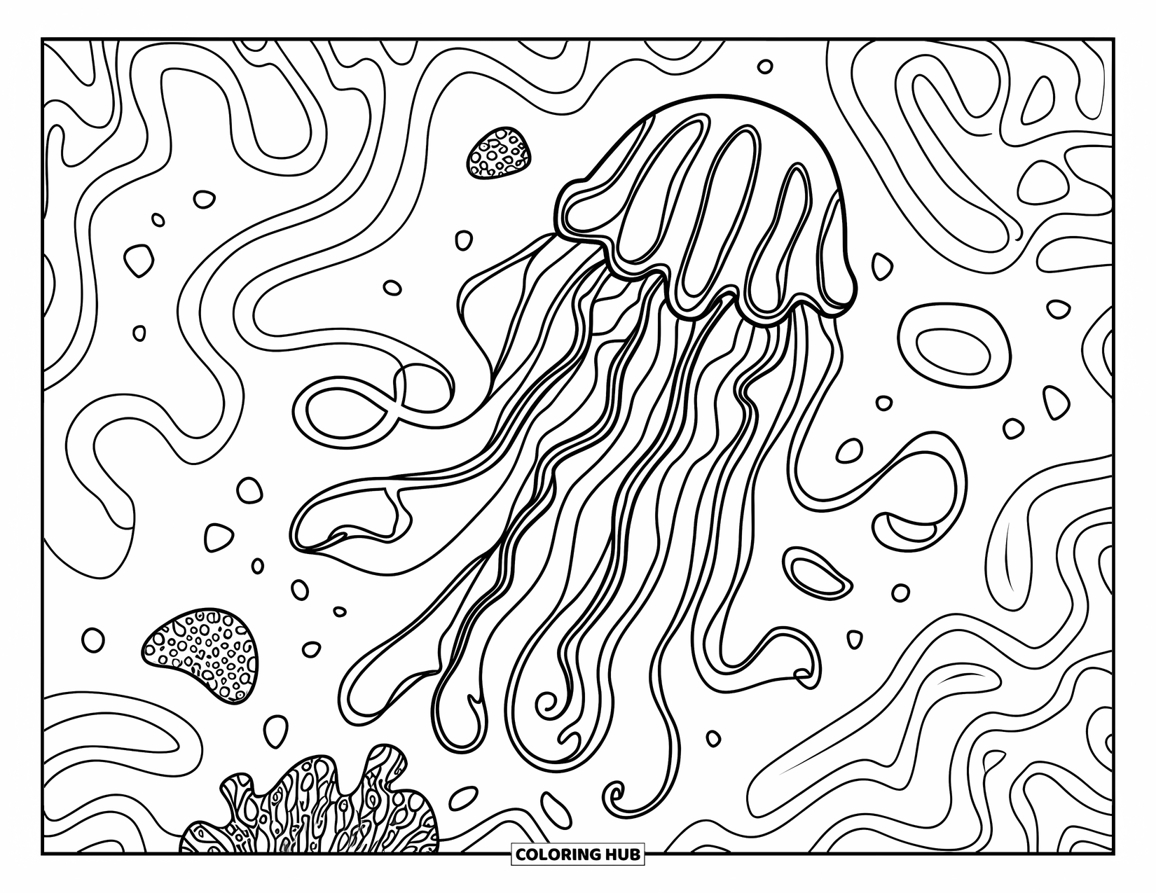 Aesthetic Trippy Coloring Page for Kids: A jellyfish glides above coral reefs filled with looping lines