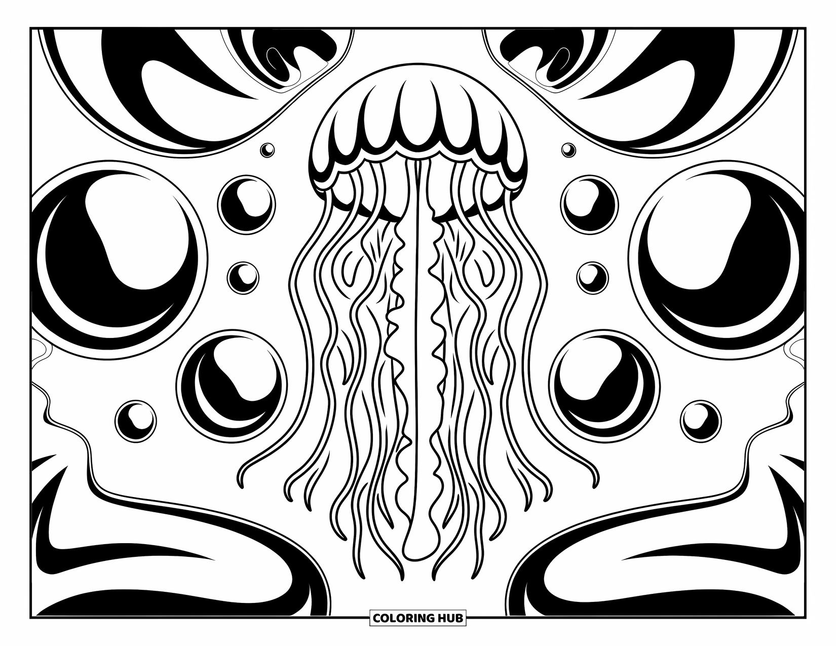 Aesthetic Trippy Coloring Page for Kids: A jellyfish with long tentacles surrounded by mirrored curves