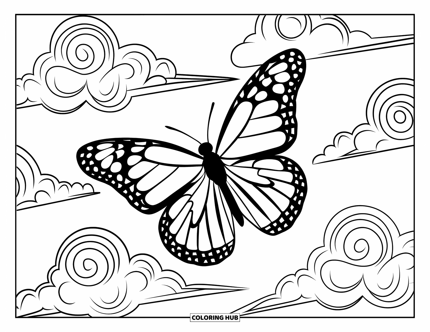 Aesthetic Trippy Coloring Page for Kids: A large butterfly soars through spiraling clouds