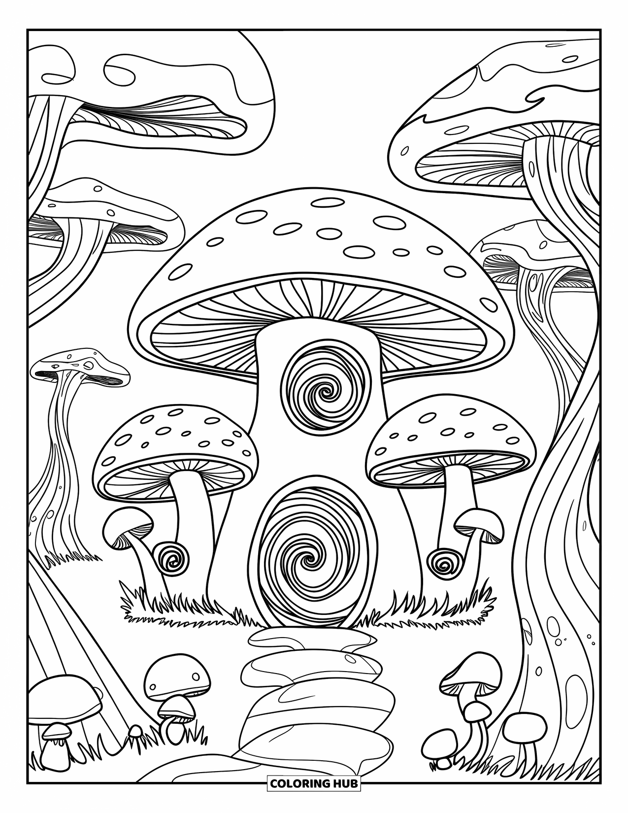 Aesthetic Trippy Coloring Page for Kids: A mushroom house with spiral doors stands among swirling trees
