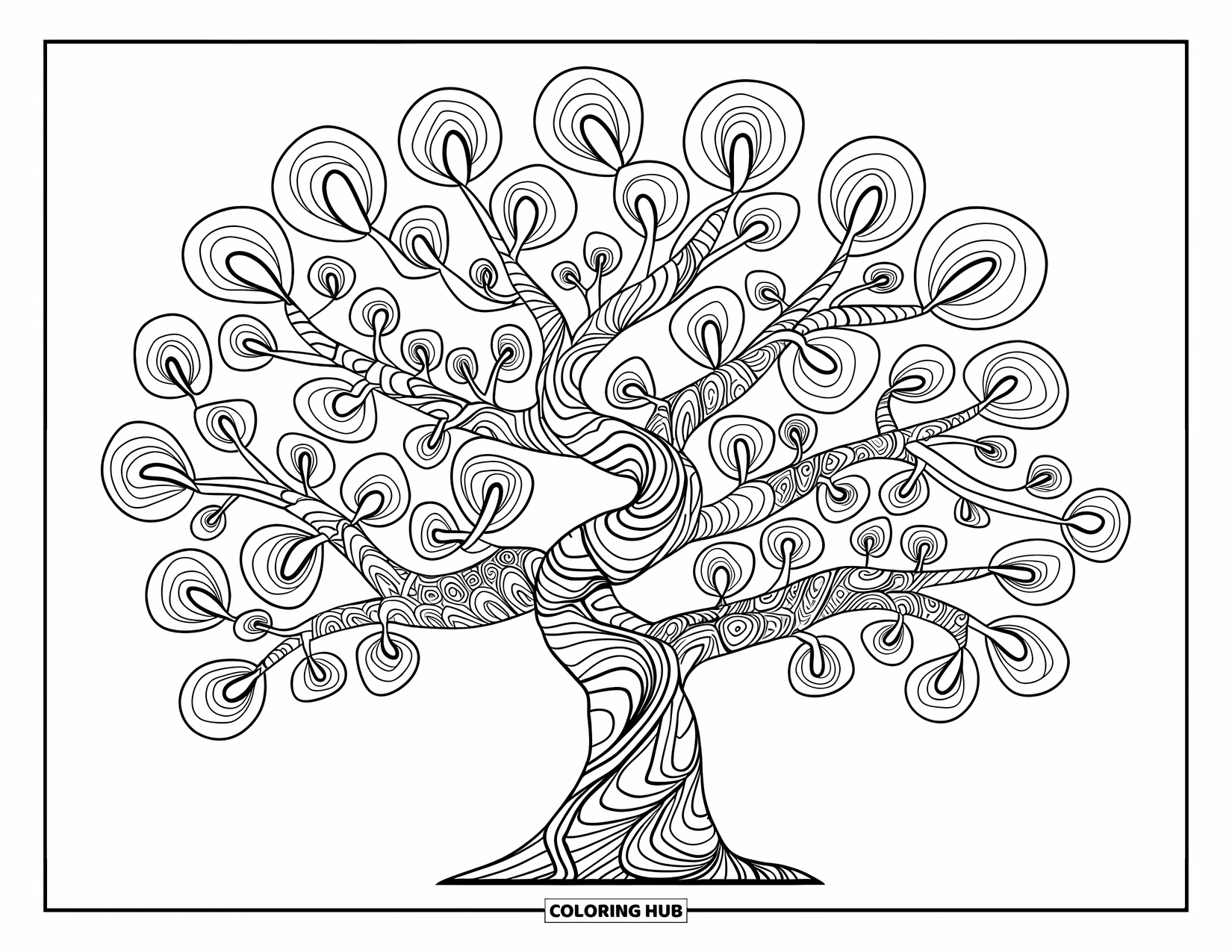 Aesthetic Trippy Coloring Page for Kids: A patterned tree with round leaves and twisting stems