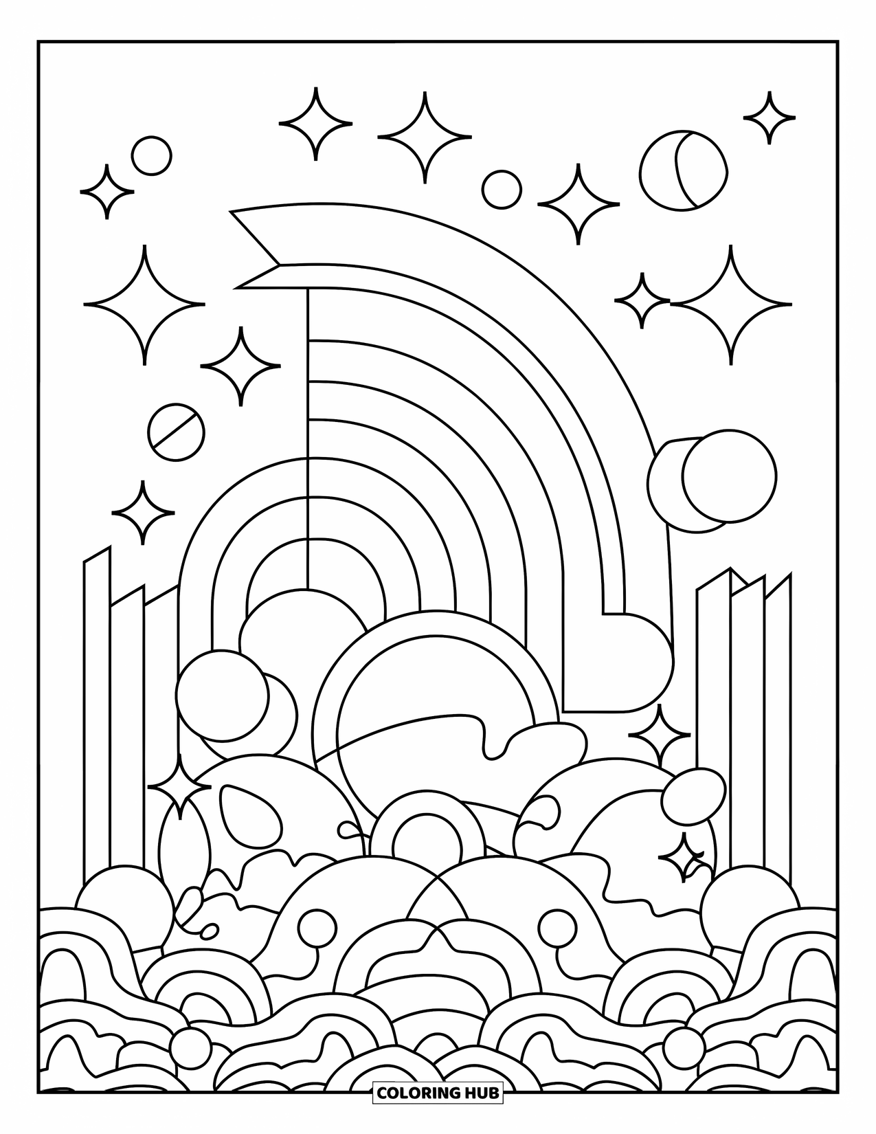 Aesthetic Trippy Coloring Page for Kids: A rainbow of arches curves among stars and round shapes