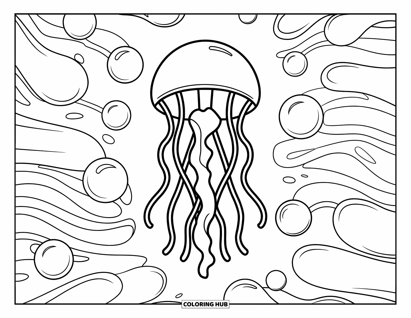 Aesthetic Trippy Coloring Page for Kids: A simple jellyfish drifts among round bubbles and waves
