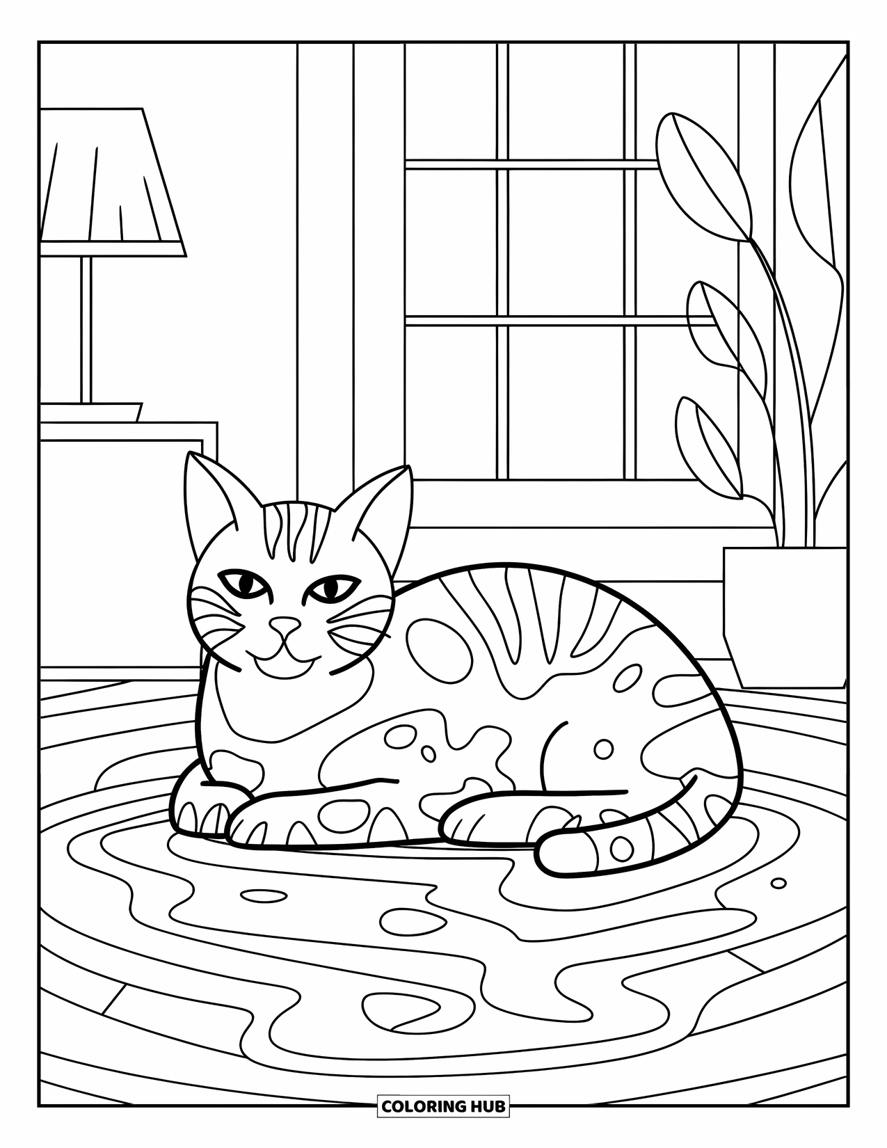 Aesthetic Trippy Coloring Page for Kids: A sleepy cat rests on a patterned rug of curves