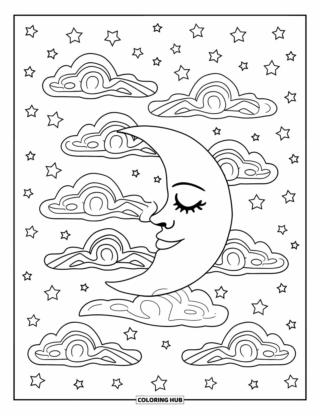 Aesthetic Trippy Coloring Page for Kids: A sleepy moon peeks through swirling clouds and glowing stars