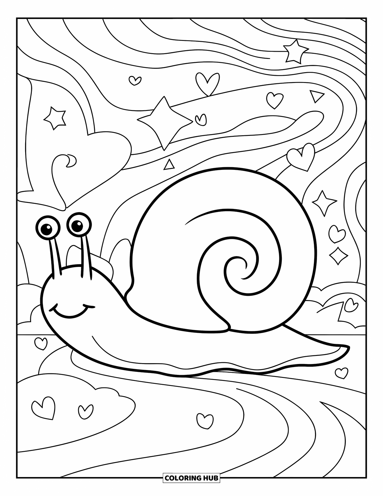 Aesthetic Trippy Coloring Page for Kids: A smiling snail slides along a winding, swirling path