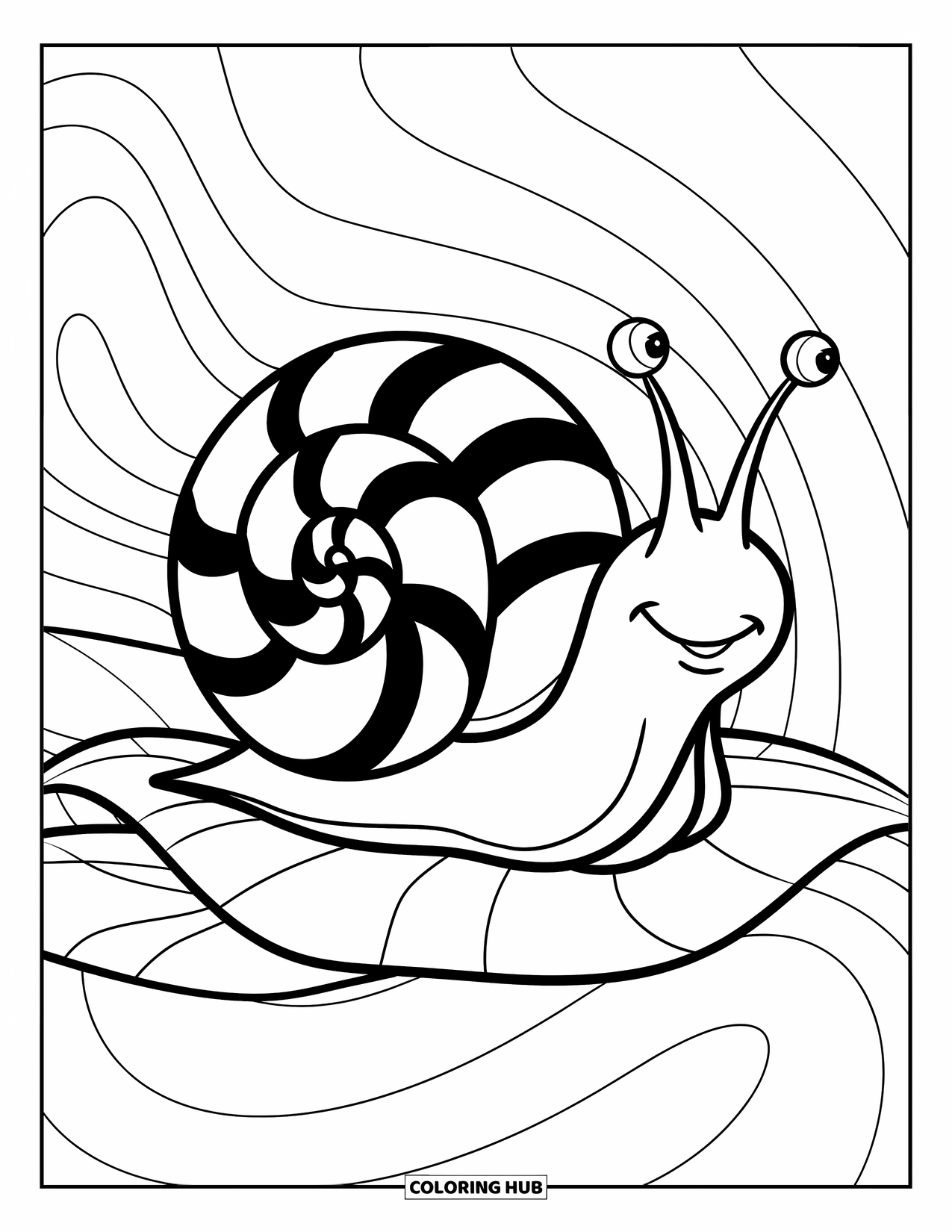 Aesthetic Trippy Coloring Page for Kids: A smiling snail with a spiral shell crawls through swirling lines