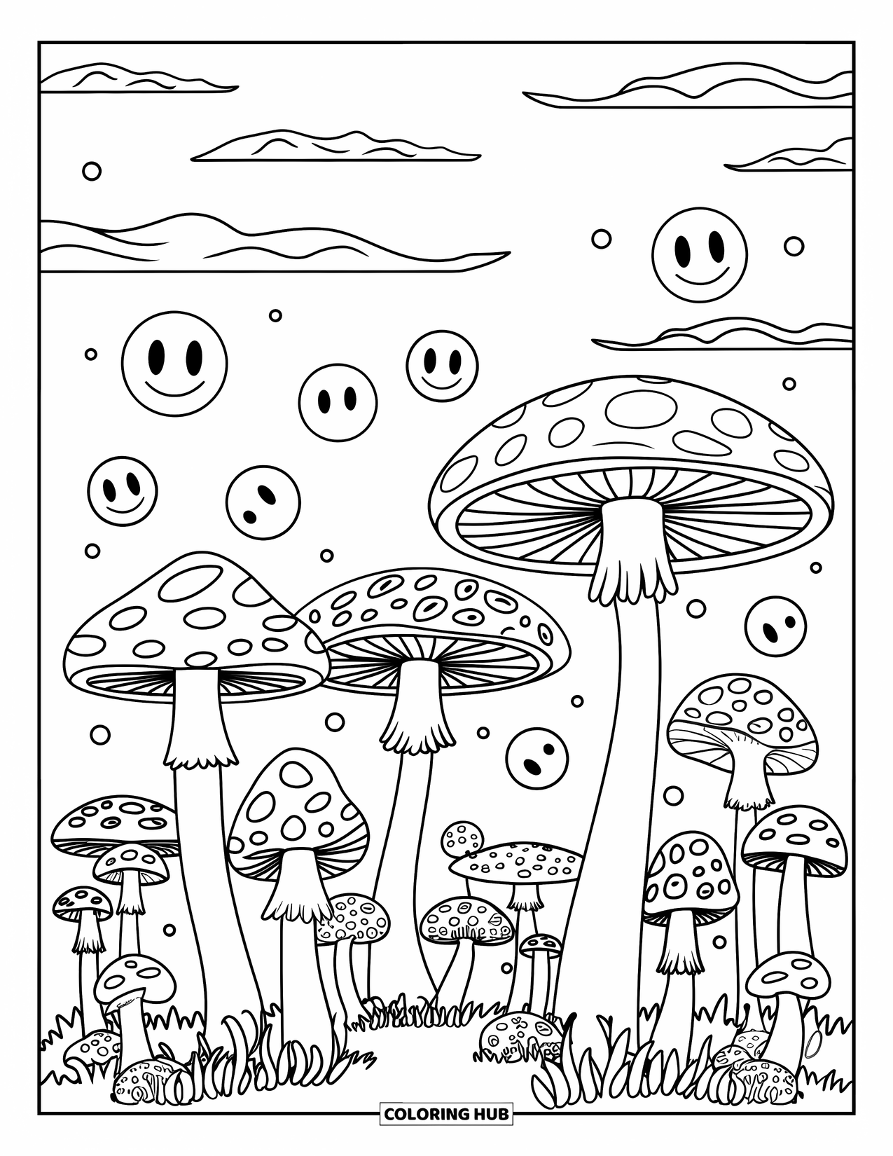 Aesthetic Trippy Coloring Page for Kids: A trippy forest of mushrooms surrounded by smiling bubbles