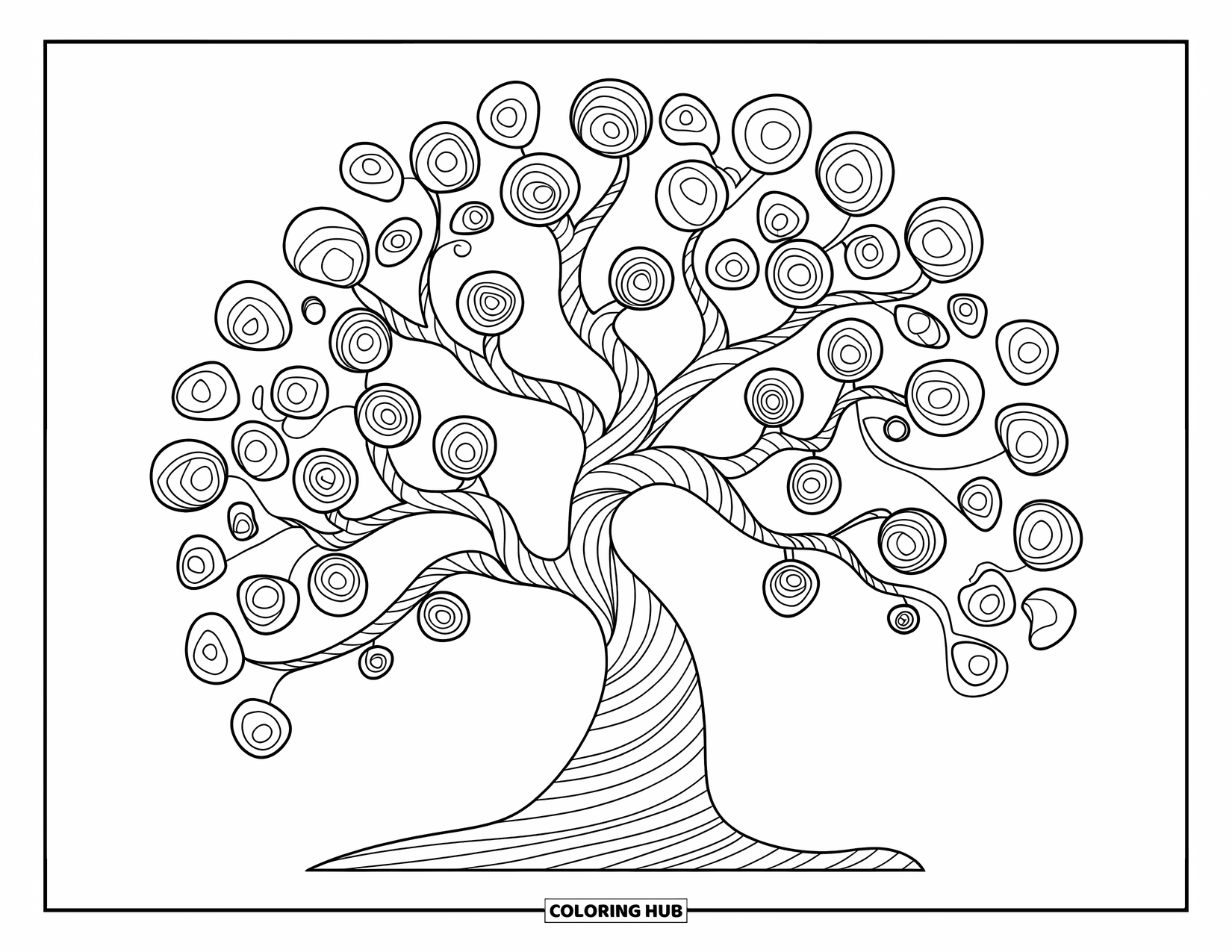 Aesthetic Trippy Coloring Page for Kids: A trippy tree with striped trunk and spinning branches