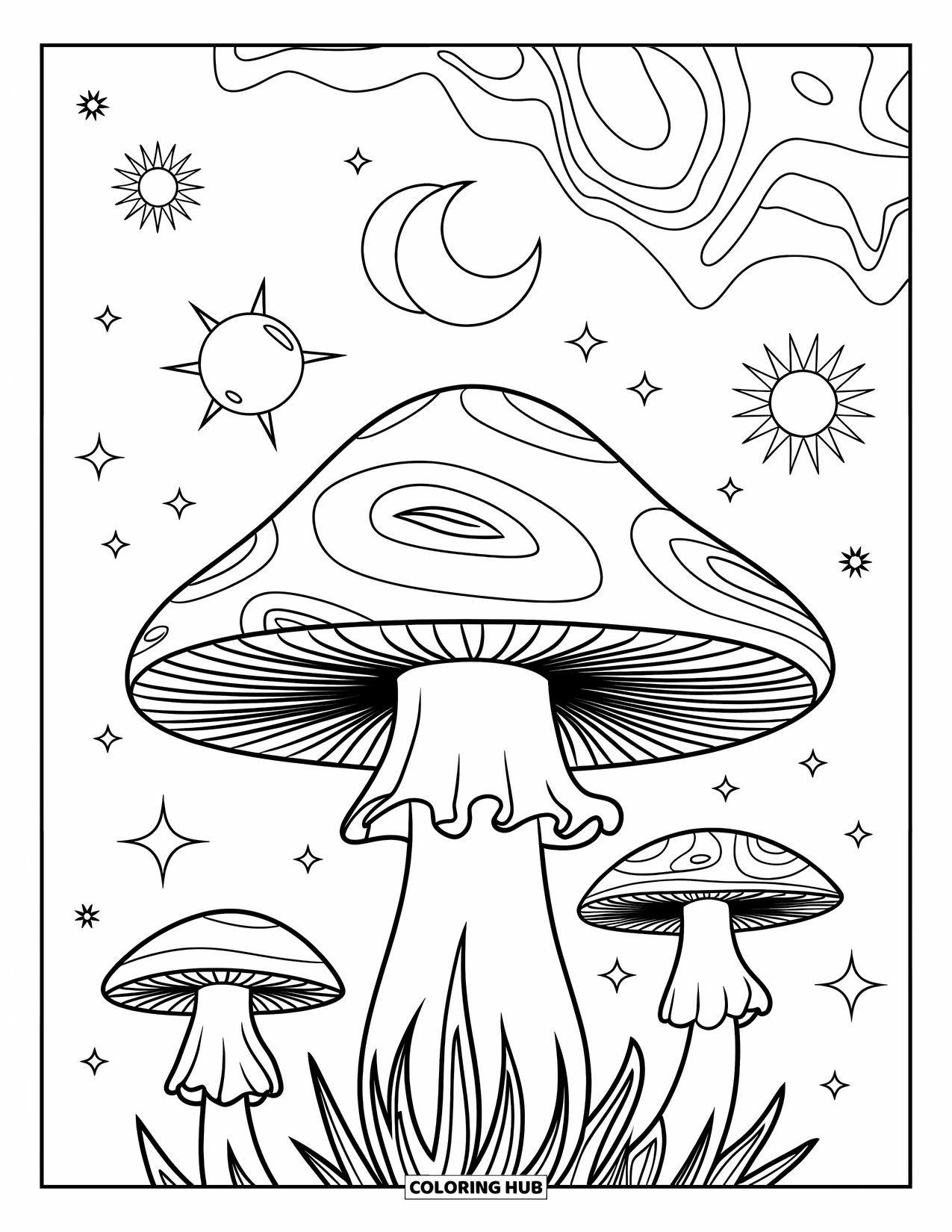Aesthetic Trippy Coloring Page for Kids: A whimsical mushroom with spiral cap and floating trippy shapes